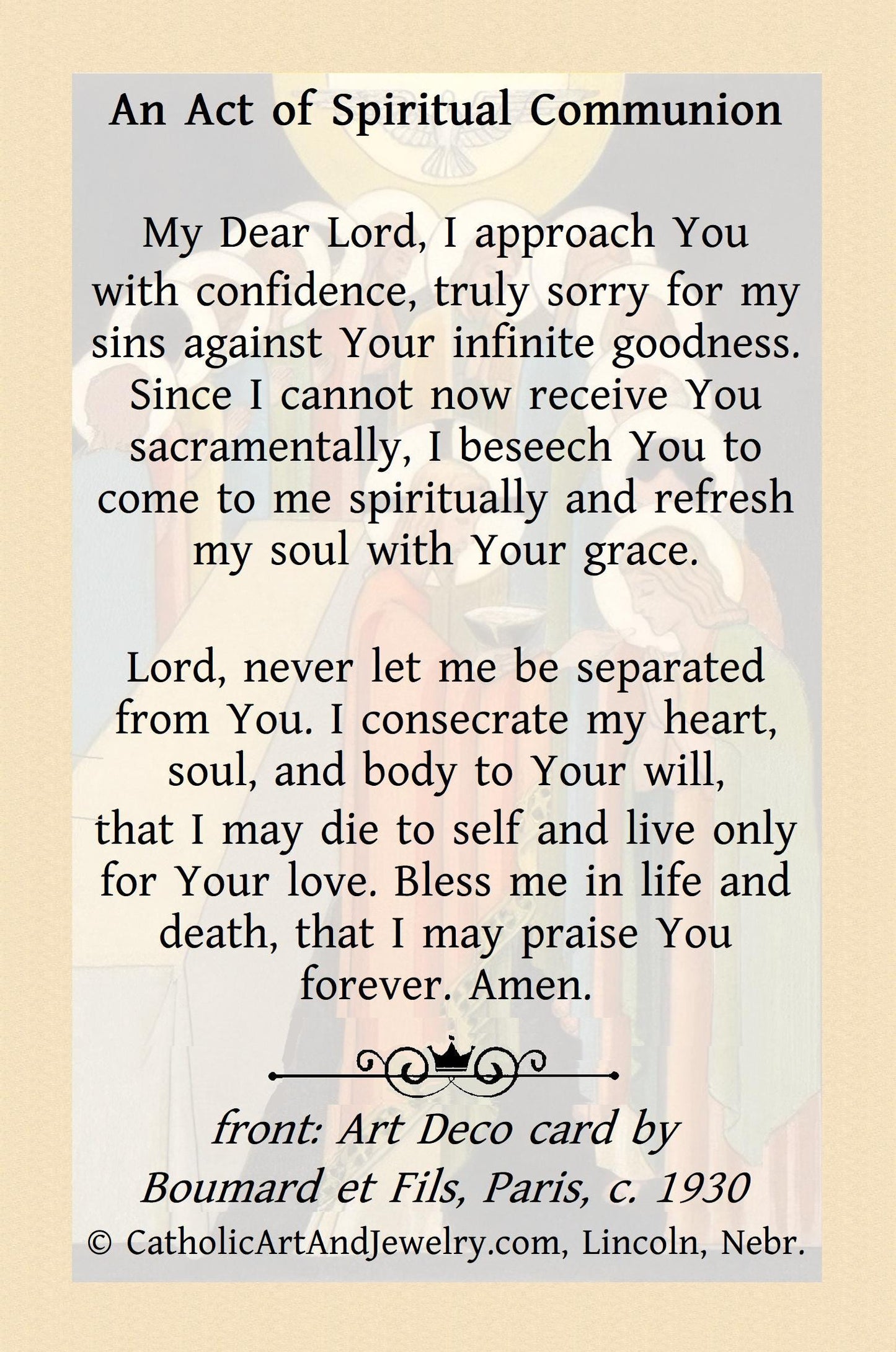 New! The Last Supper Art Deco Holy Card – Spiritual Communion Prayer – pack of 10/100/1000  – Easter Holy Card