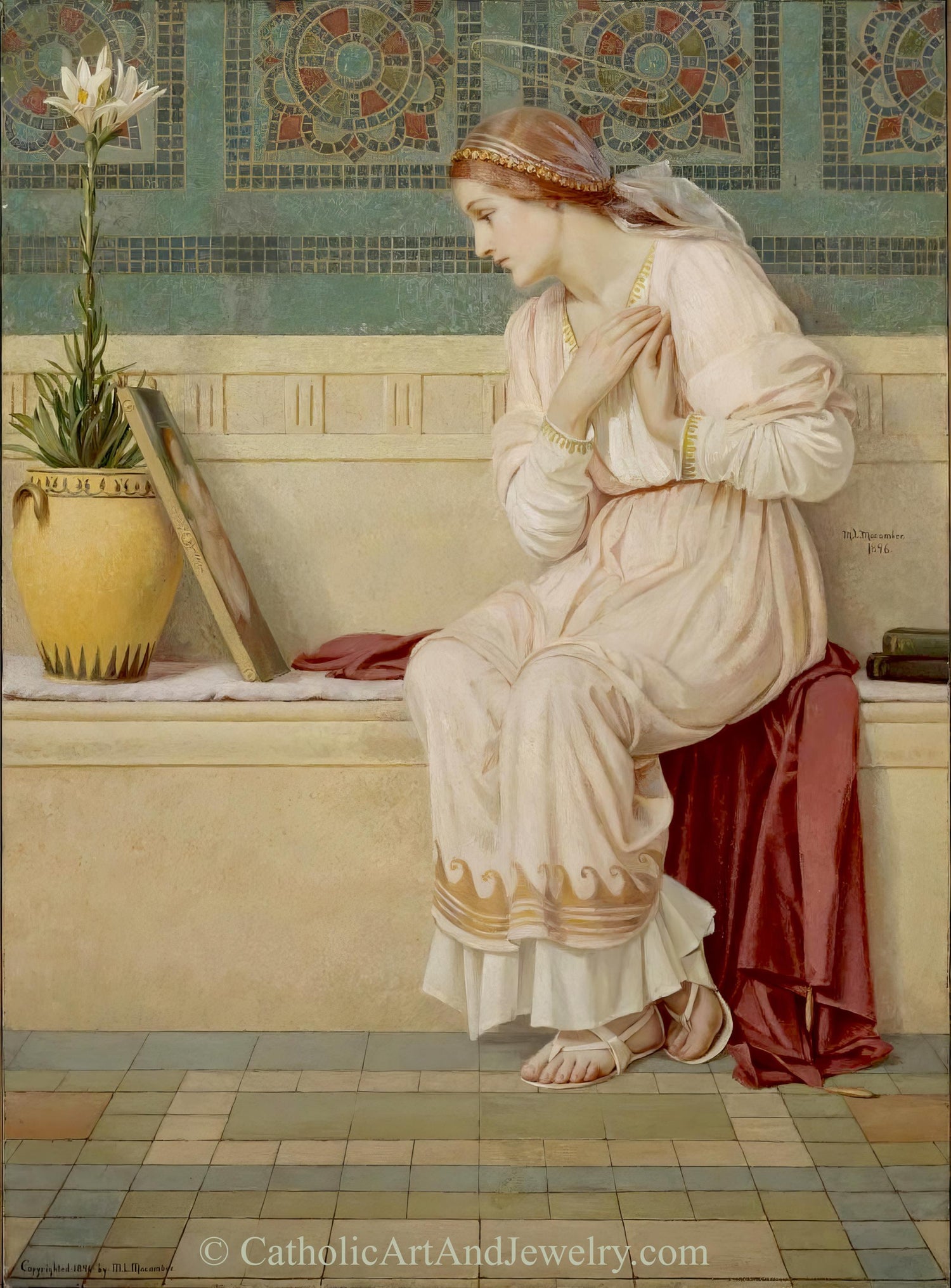 A classical painting of a woman, St Catherine of Alexandria,  in a pale cream gown and red draped fabric sitting on a stone ledge, with a potted lily and framed artwork of the Madonna and Child beside her. The background features a decorative mosaic wall.