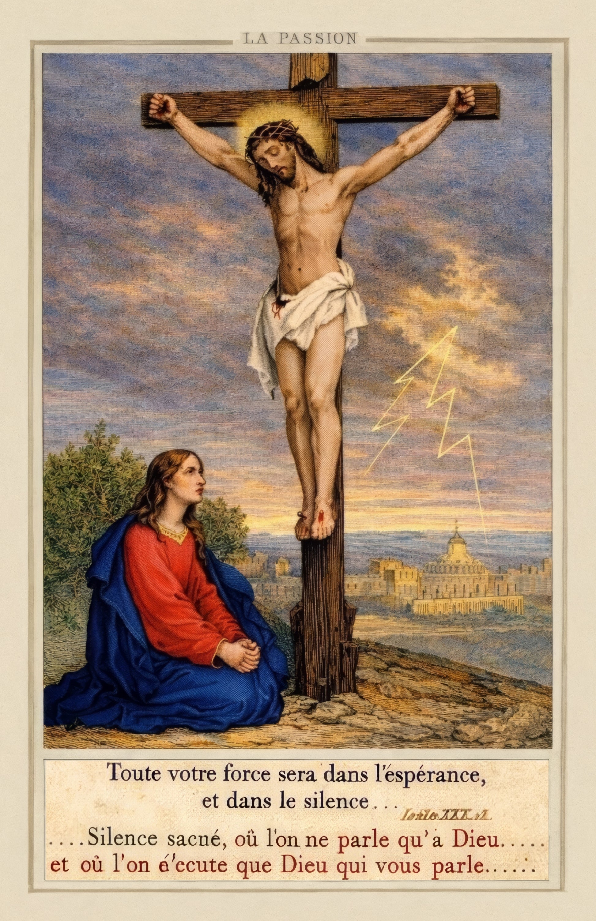 a religious scene with a man on a cross and a woman kneeling beside him, with a cityscape in the background.