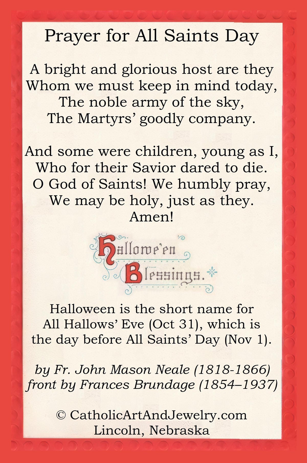 New! Christian Halloween Holy Card – Blessings for All Hallows Eve – (Pack of 10/100/1000)
