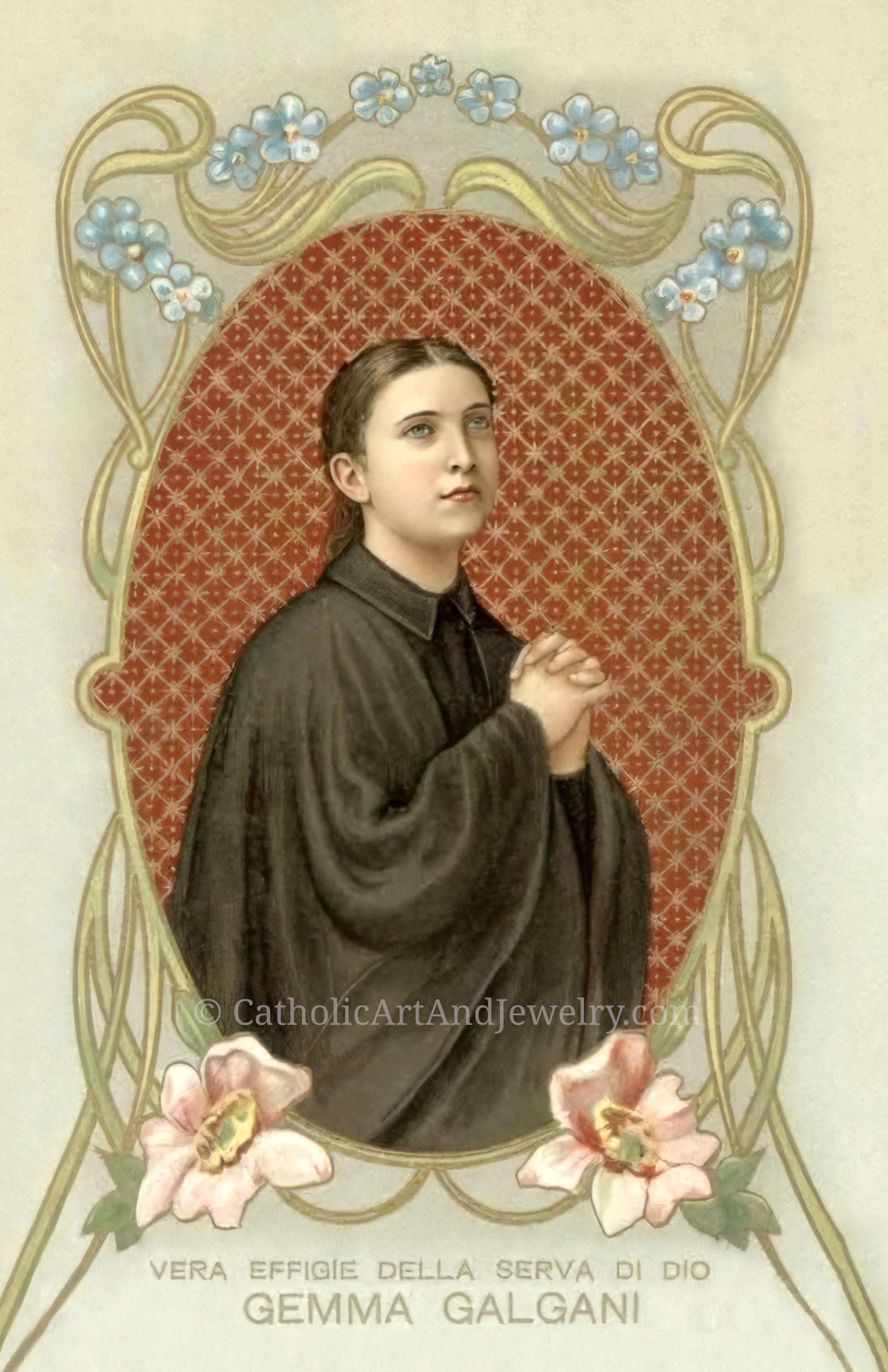 a young woman in a black robe, with a floral border surrounding her.