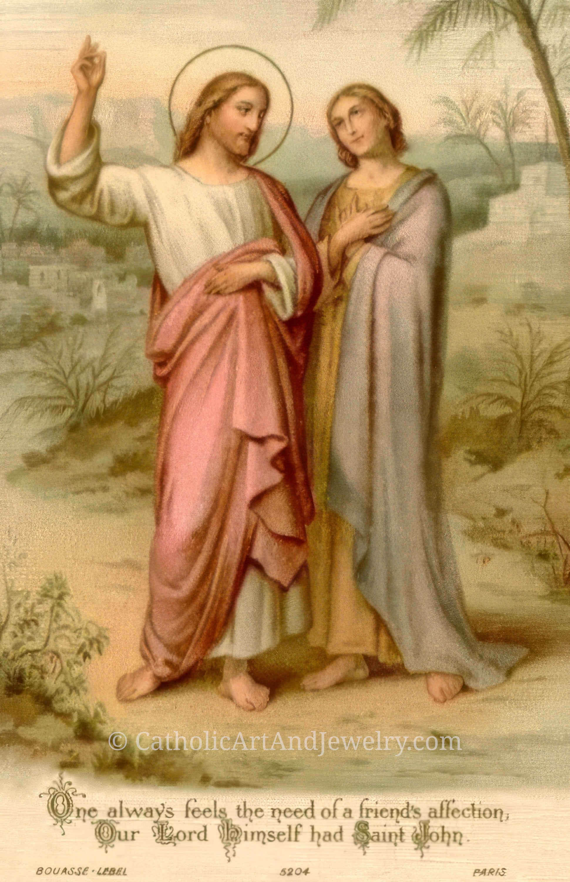 two figures, one wearing a halo and the other a robe, standing in a pastoral setting with trees and buildings in the background.