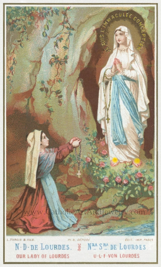 New! Bernadette and Our Lady of Lourdes – Based on a Vintage Holy Card – Catholic Art Print – Archival Quality