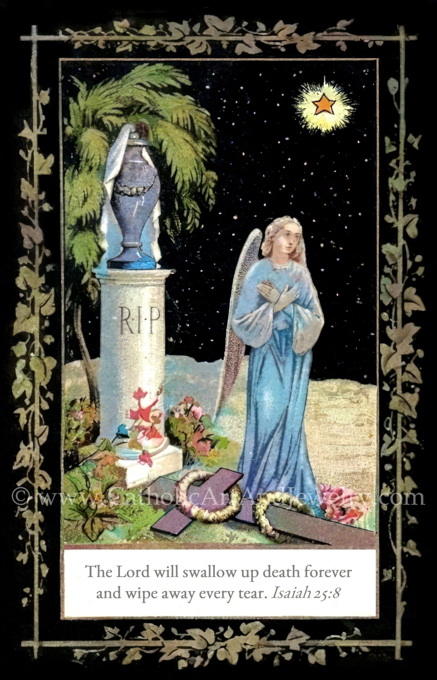New! Prayer for the Dead – Memorial Card – Angel at Night– Restored Vintage Holy Card / Funeral Card – pack of 10/100/1000