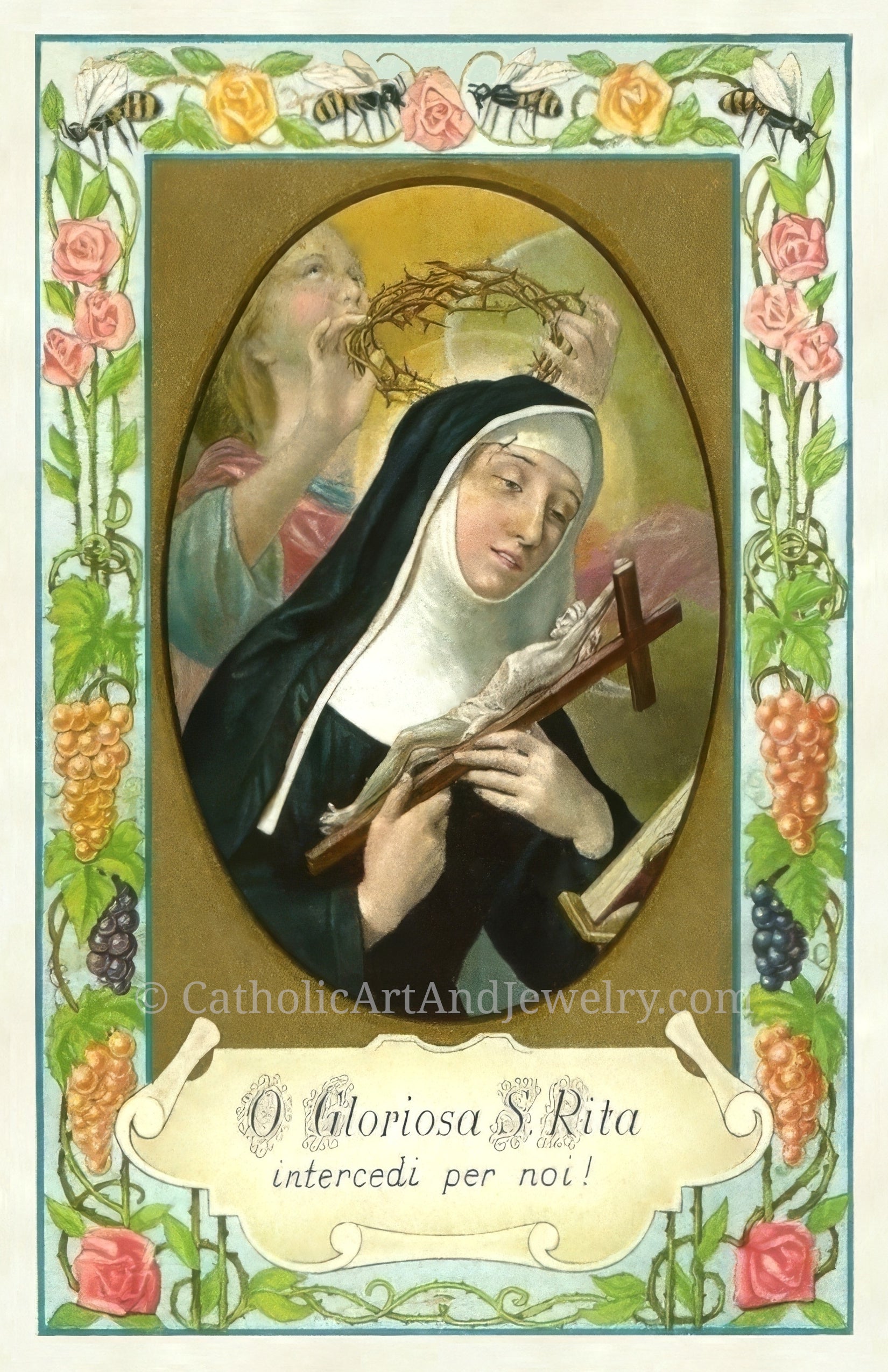 The image is a religious painting depicting a nun holding a cross, with an angel in the background. The painting is framed by a decorative border with flowers and leaves.