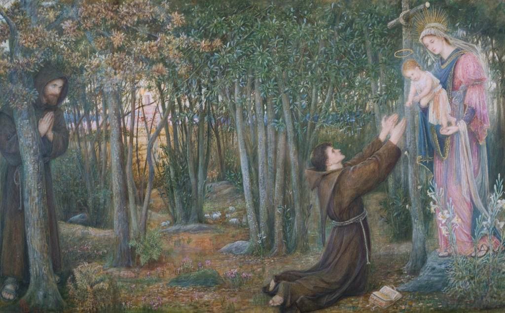New! How the Virgin Mary Came to Brother Conrad of Offida and Laid Her Son in His Arms (1892) – by Marie Spartali – Beautiful Catholic Art