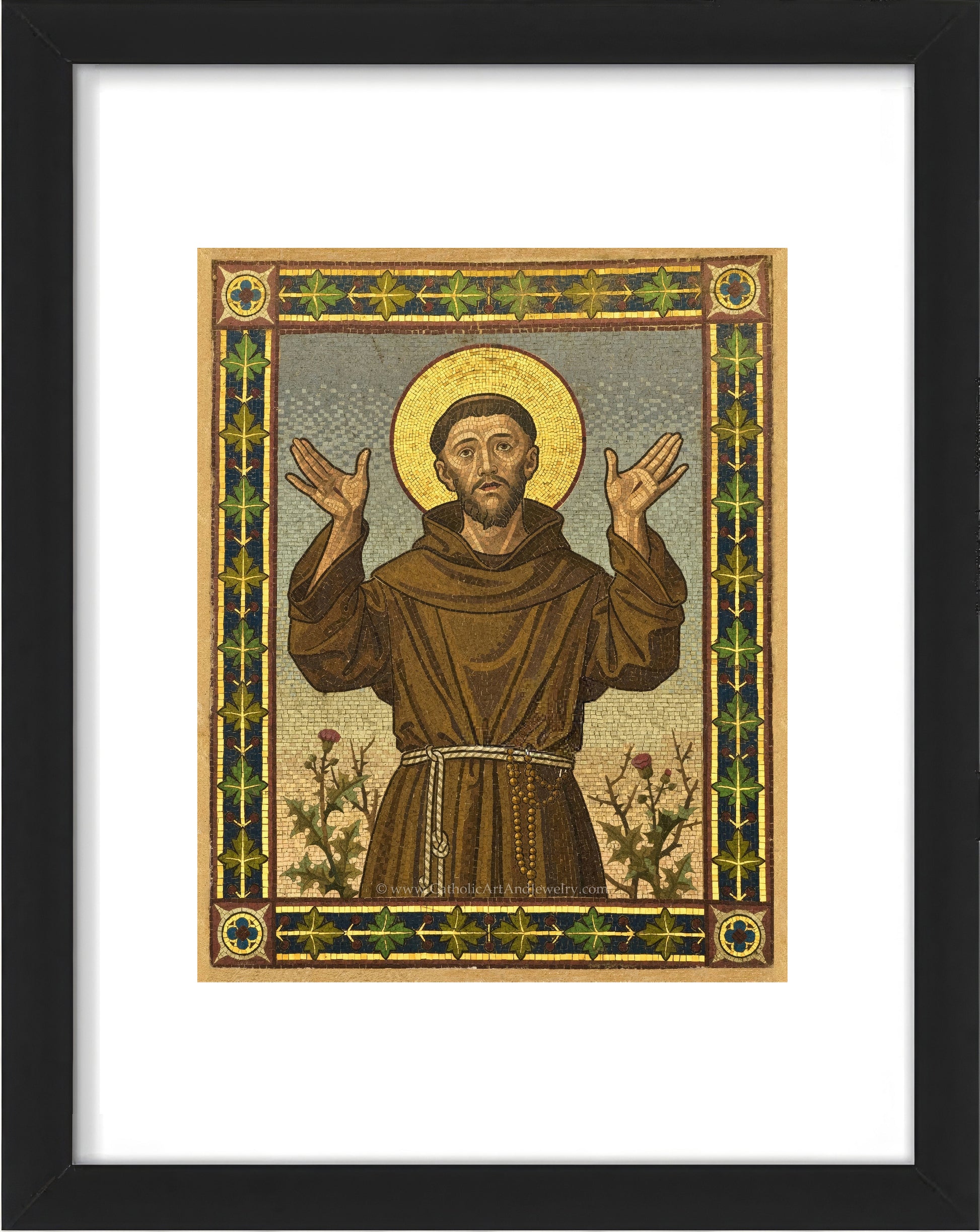 a painting of jesus holding his hands up