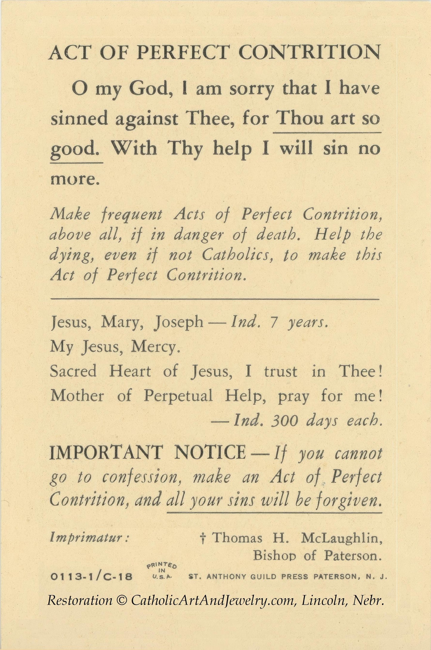 New! Veterans Holy Card – Soldiers-Sailors – Restored WWII Holy Card – Act of Contrition for Those in Danger of Dying– pack of 10/100/1000