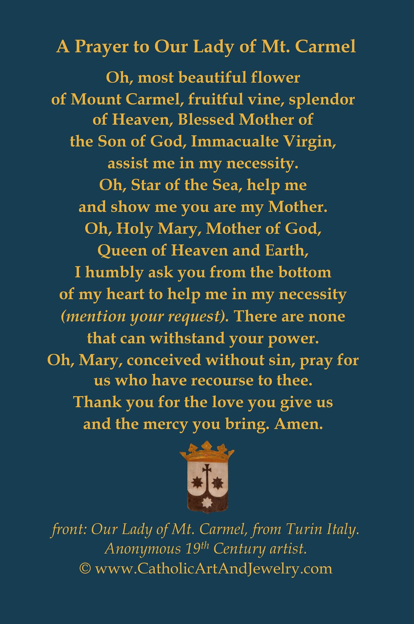 New! Our Lady of Mount Carmel – Traditional Prayer to Her – Vintage Holy Card  – pack of 10/100/1000
