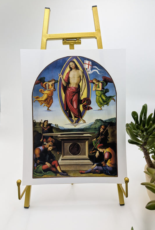 The image is a framed print featuring a painting of a religious scene with figures in various poses and colors.