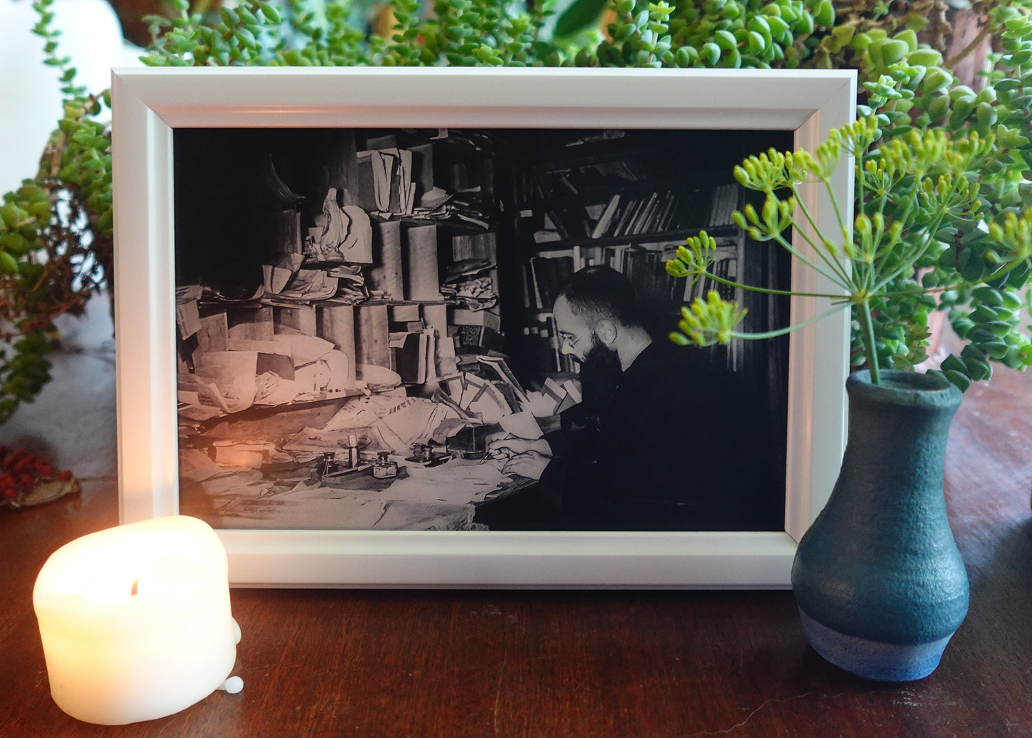 New! St. Maximilian Kolbe at His Messy Desk – Framed 4x6" – Gold Style, Black, and Wood Tone Frames