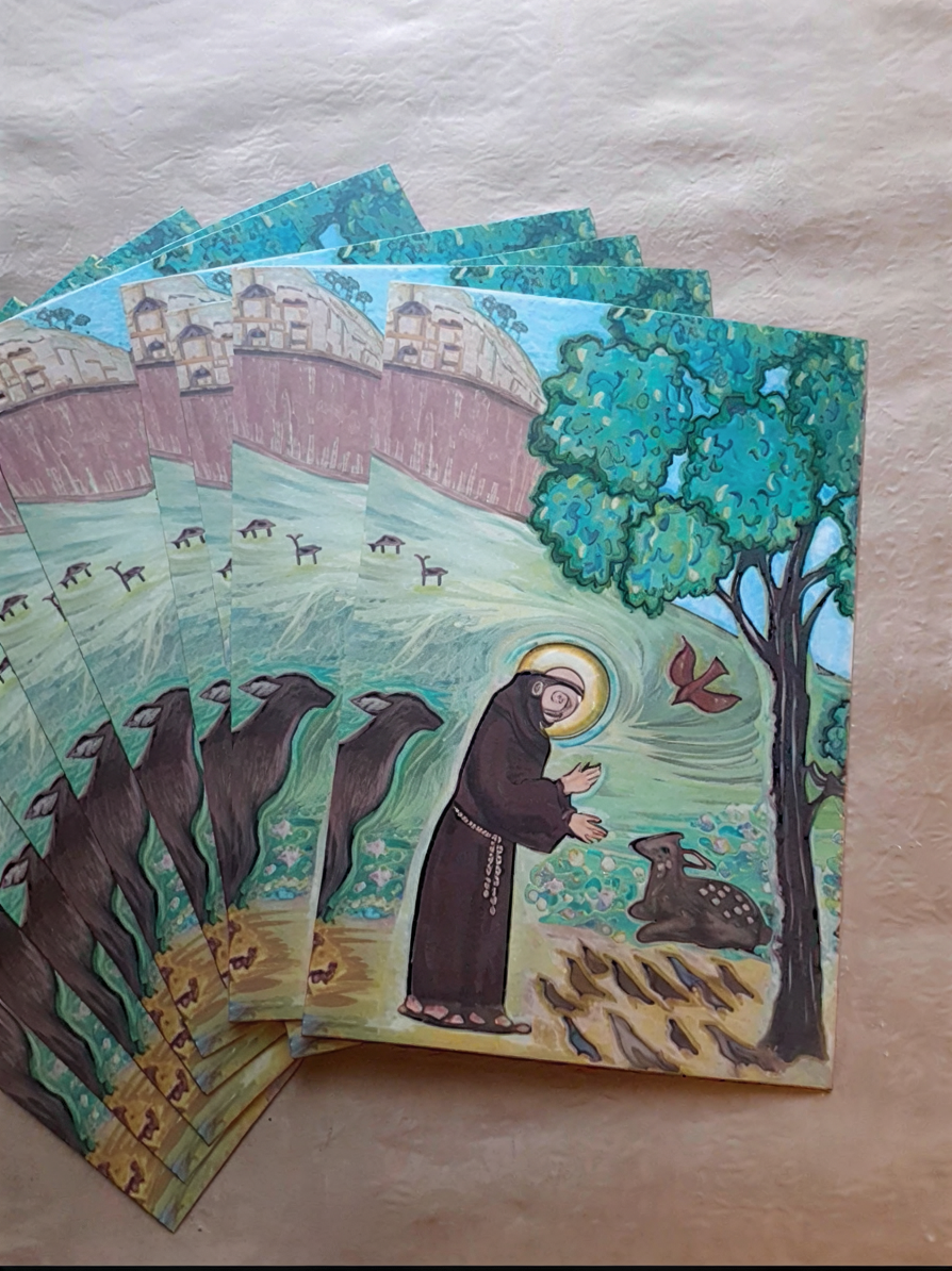 A religious illustration depicting a saint in a pastoral setting, surrounded by animals and birds.