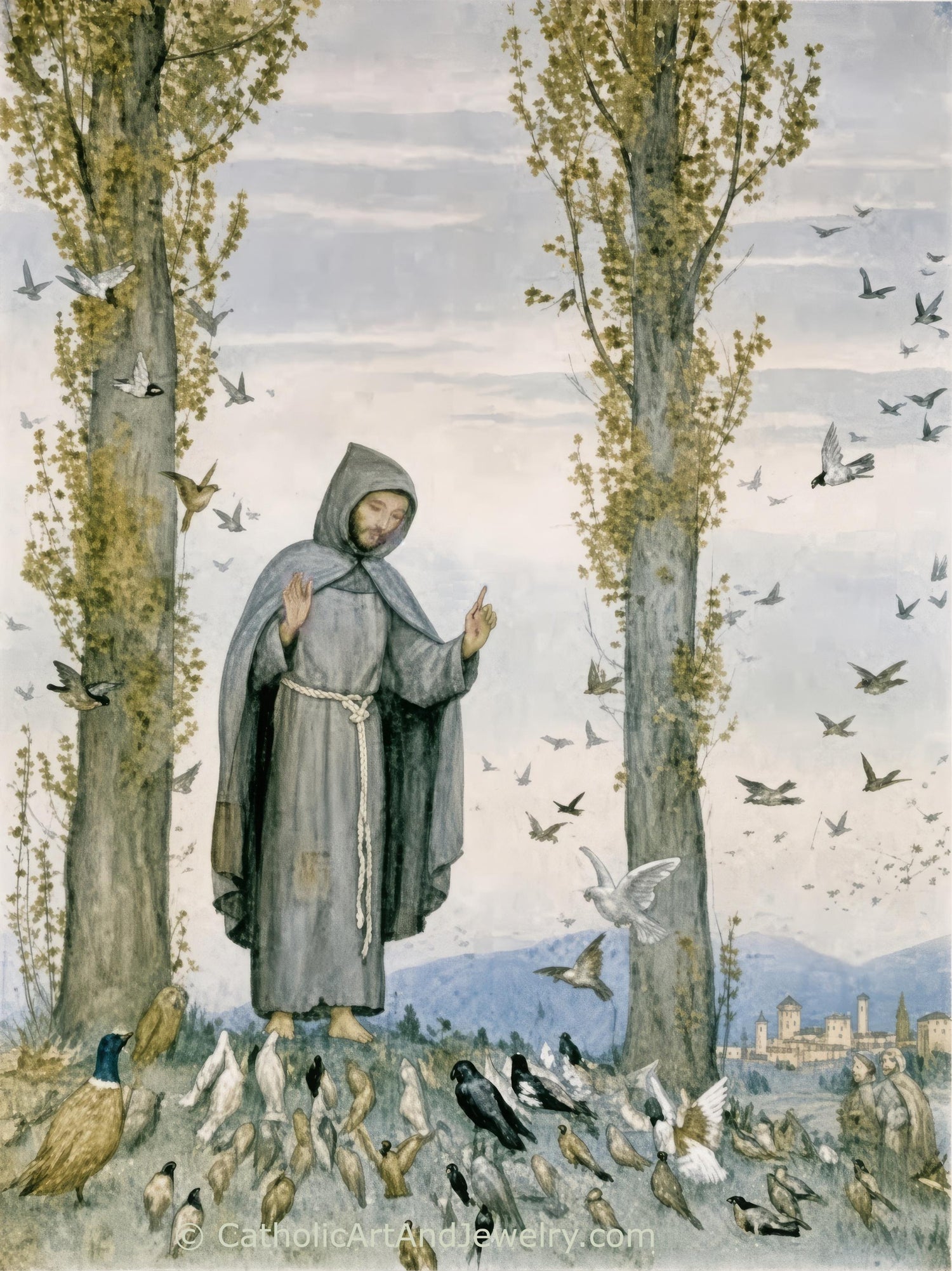 A religious art print depicting Saint Francis of Assisi in a gray robe standing between two tall trees, surrounded by numerous birds and ducks, with a distant cityscape under a cloudy sky.