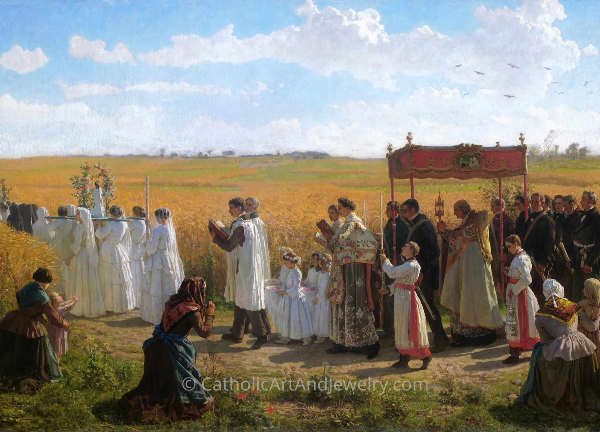 a religious procession taking place in a rural setting, with a group of people dressed in traditional clothing participating in the event.