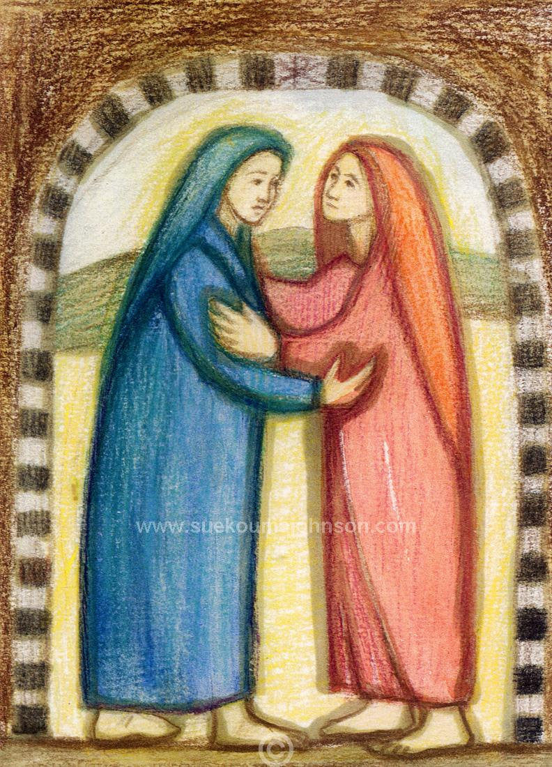 two women, one wearing a blue robe and the other wearing a red robe, standing together and embracing each other.