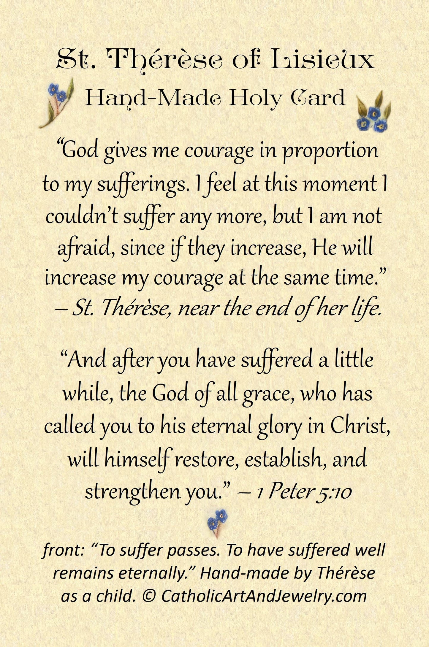 New! St Therese's Handmade Holy Card #2 –To Suffer Well Lasts Eternally – pack of 10/100/1000