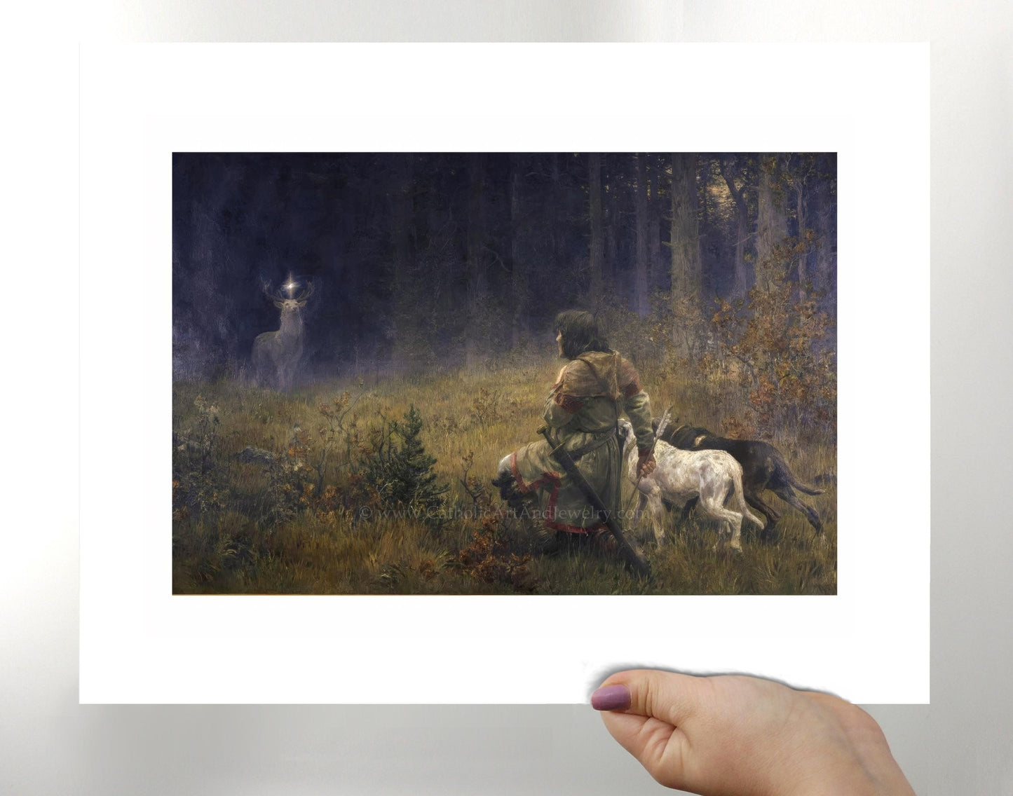 a person holding up a picture of a person on a horse