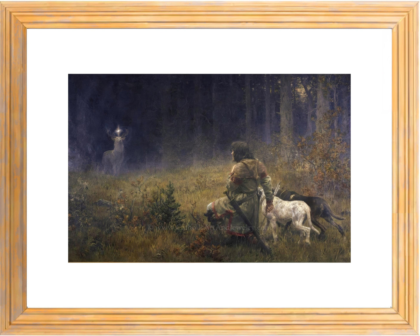a painting of a man and two dogs in a field