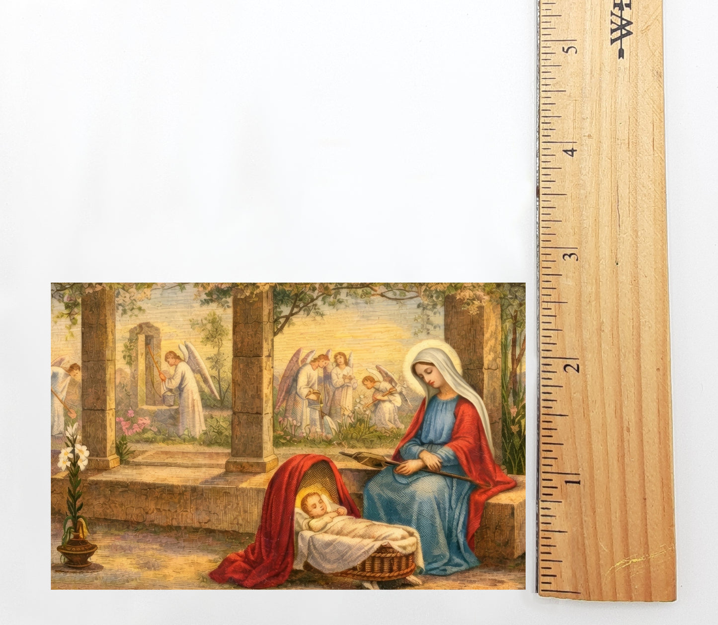 The image is a painting depicting a scene from the nativity story, showing a woman in a red robe and a baby in a red blanket, with angels in the background.