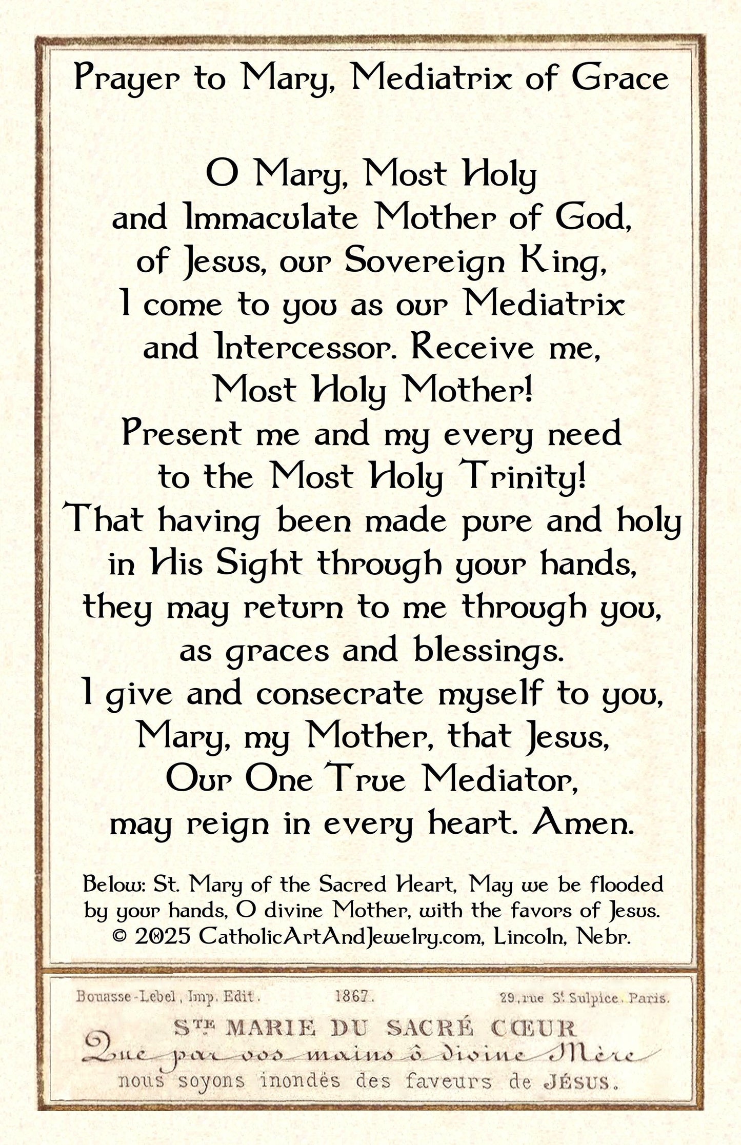New! Mediatrix of Grace – St. Mary of the Sacred Heart – Bouasse-Lebel Holy Card – Restored Vintage Holy Card – pack of 10/100/1000