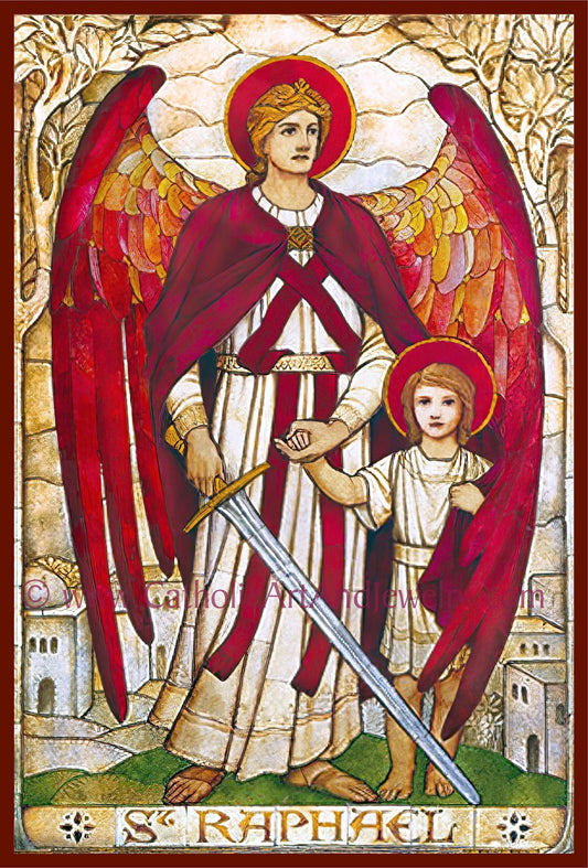 Archangel Raphael – from a Vintage Stained Glass Window – Art Nouveau – Catholic Art Print – Archival – Catholic Gift– Guardian Angel - Catholic Art and Jewelry