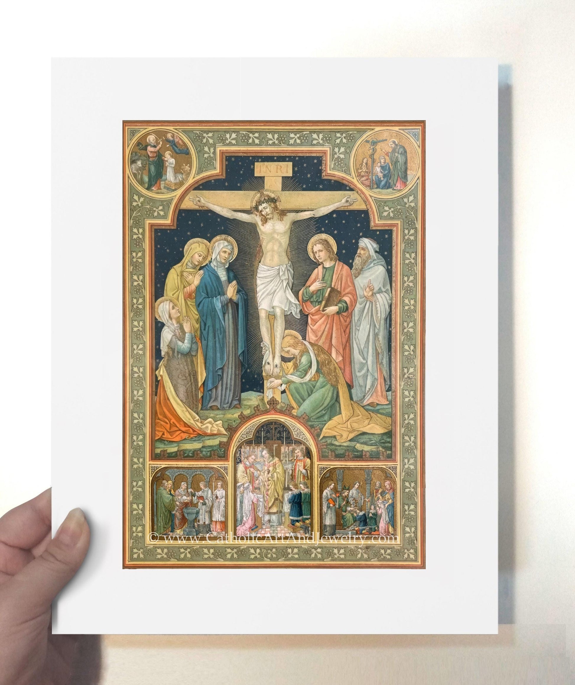 a painting of jesus on the cross surrounded by people