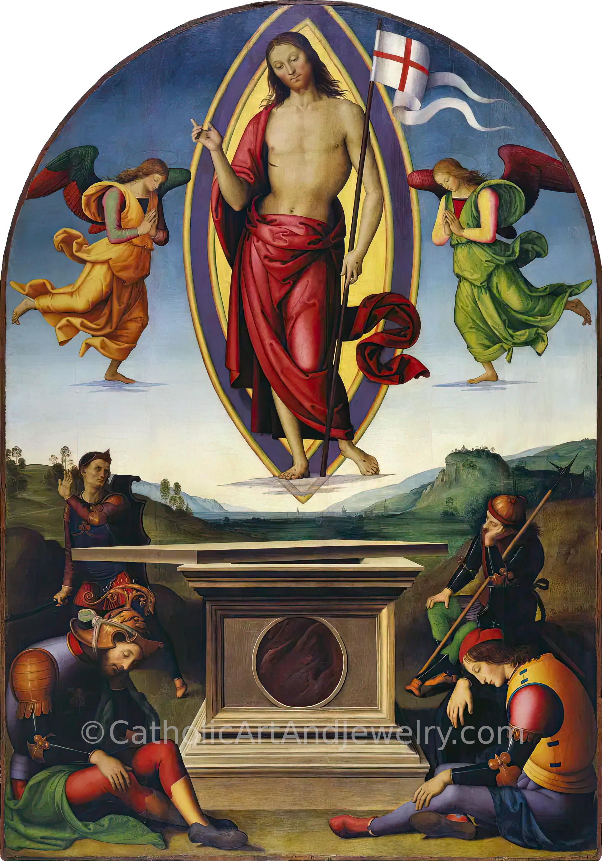 The image is a religious painting depicting the figure of Jesus Christ, with angels surrounding him. The painting is set against a landscape background, and the overall composition is colorful and detailed.