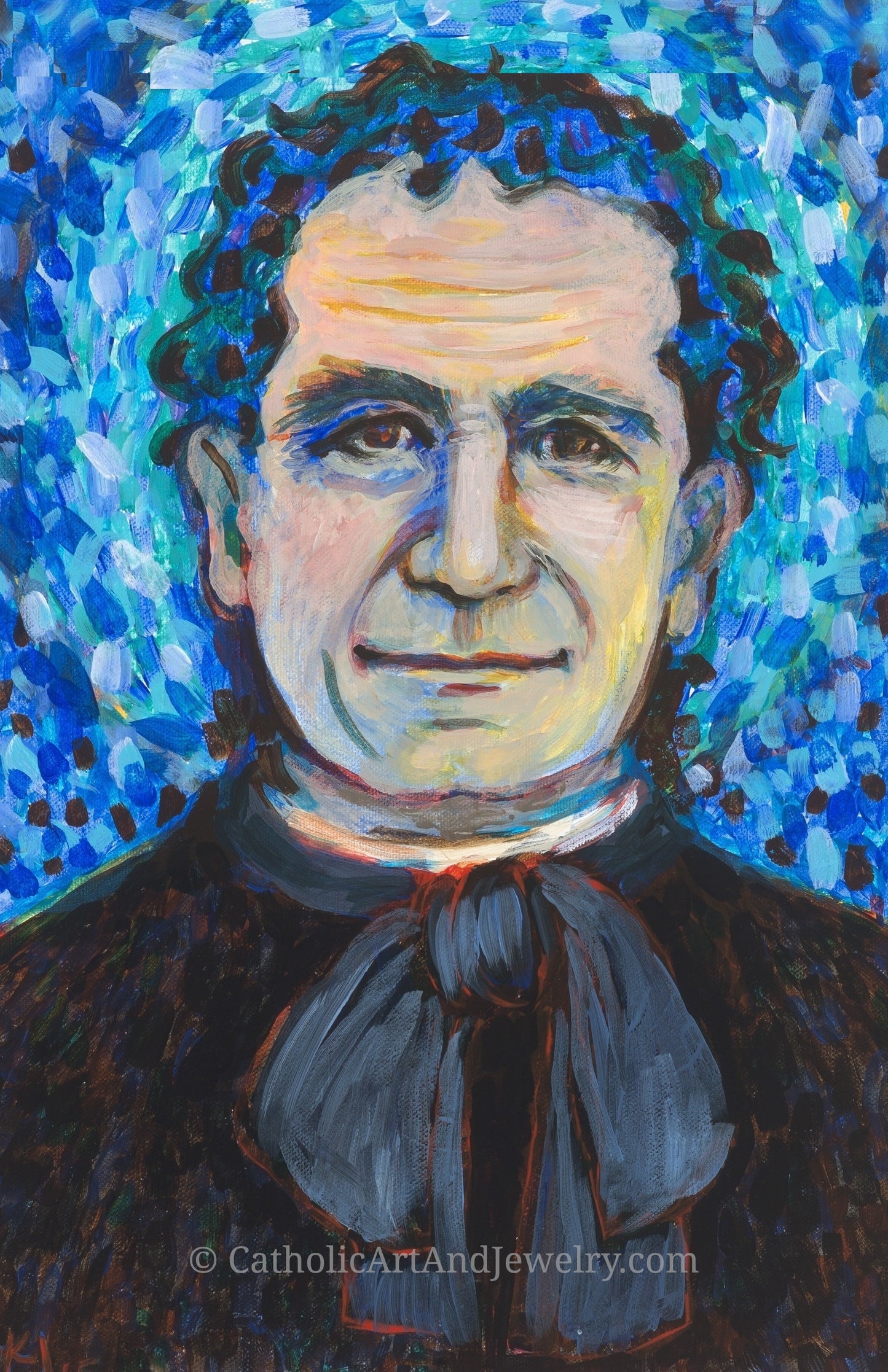 The image is a portrait of a man with curly hair, wearing a black robe and a blue tie.