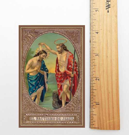 The image is a religious painting depicting the baptism of Jesus, with a haloed figure and a figure in a red robe. The painting is framed and includes the text "EL BAUTISMO DE JESUS".