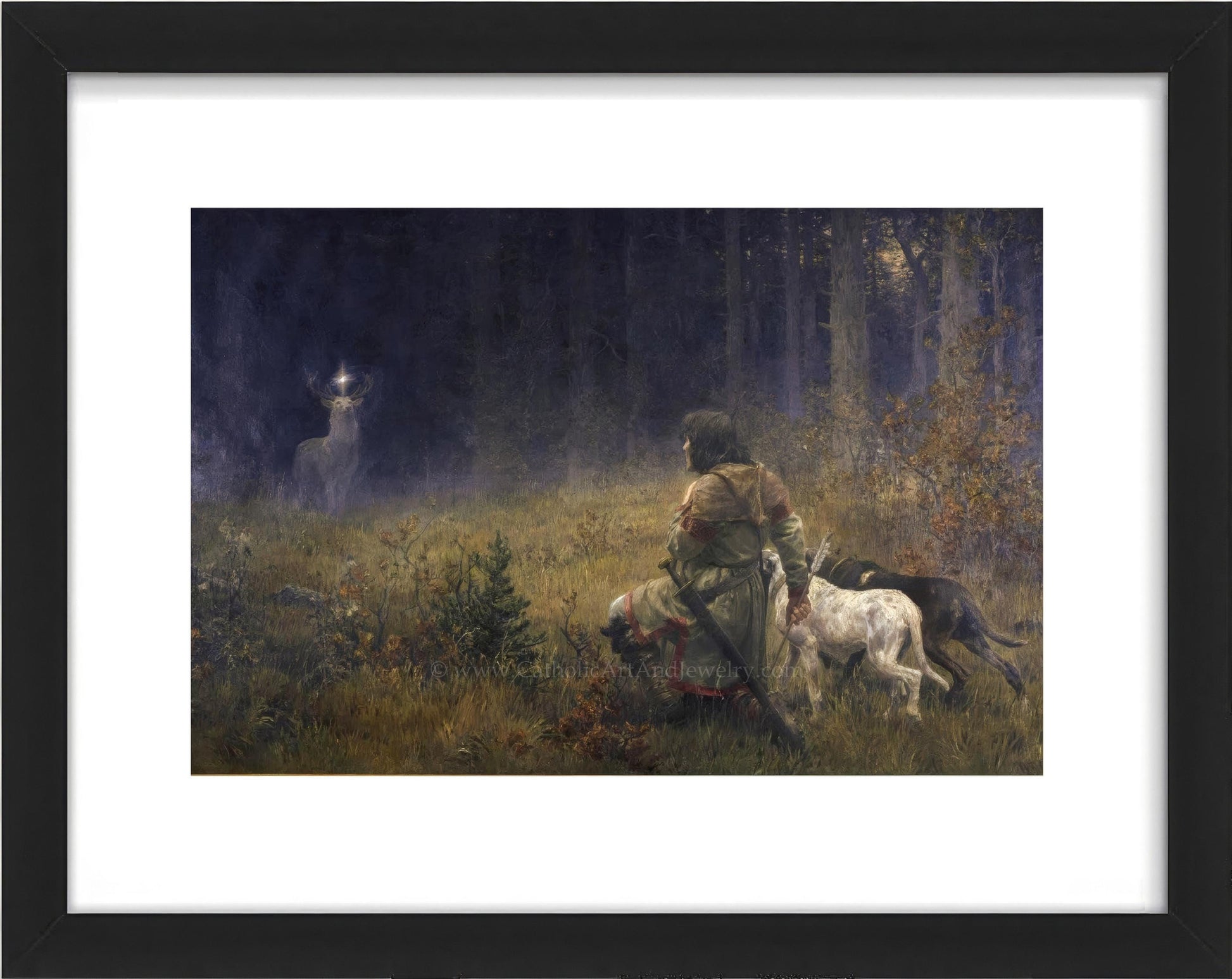 a painting of a person on a horse and a deer