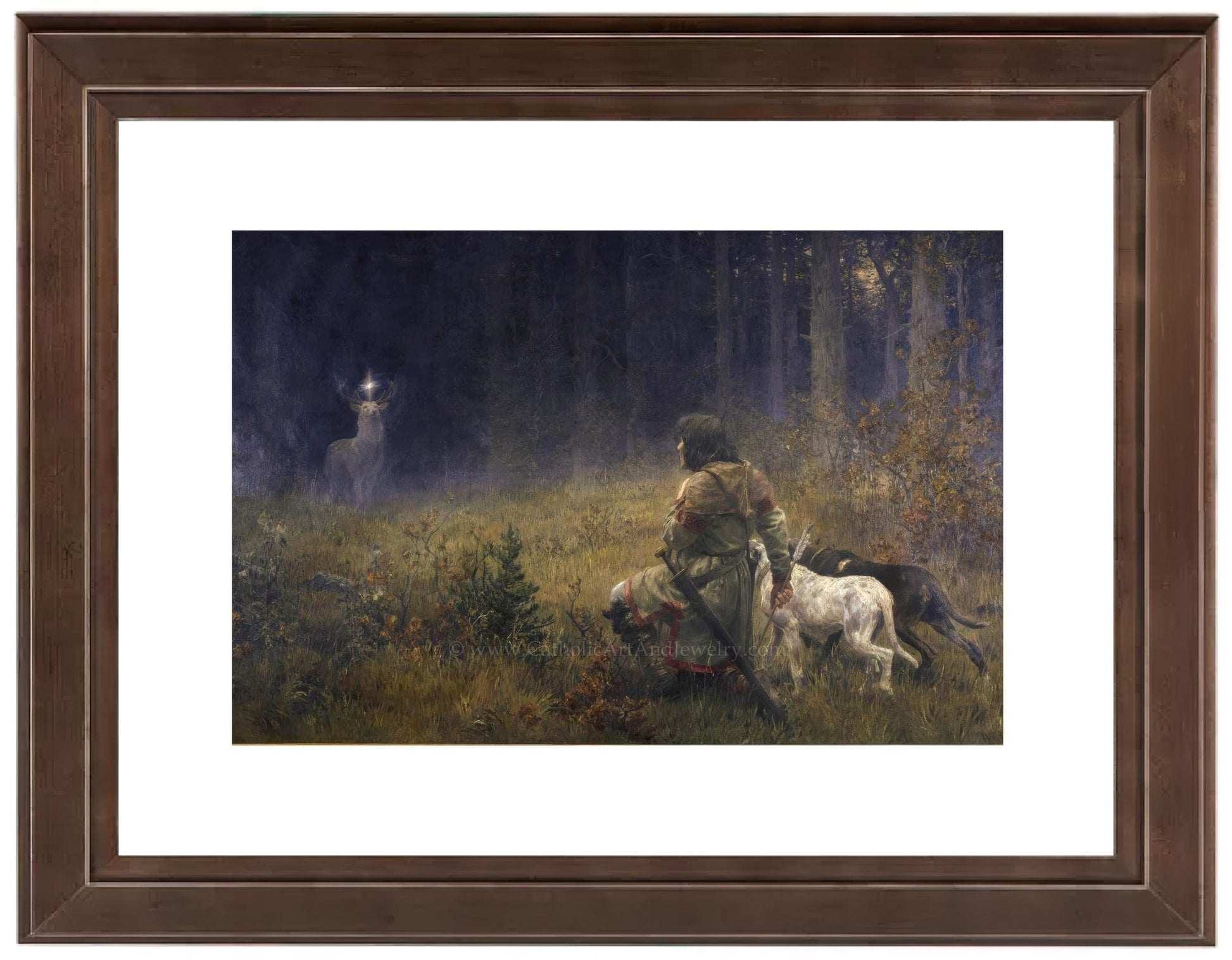 a painting of a man and a dog in a forest