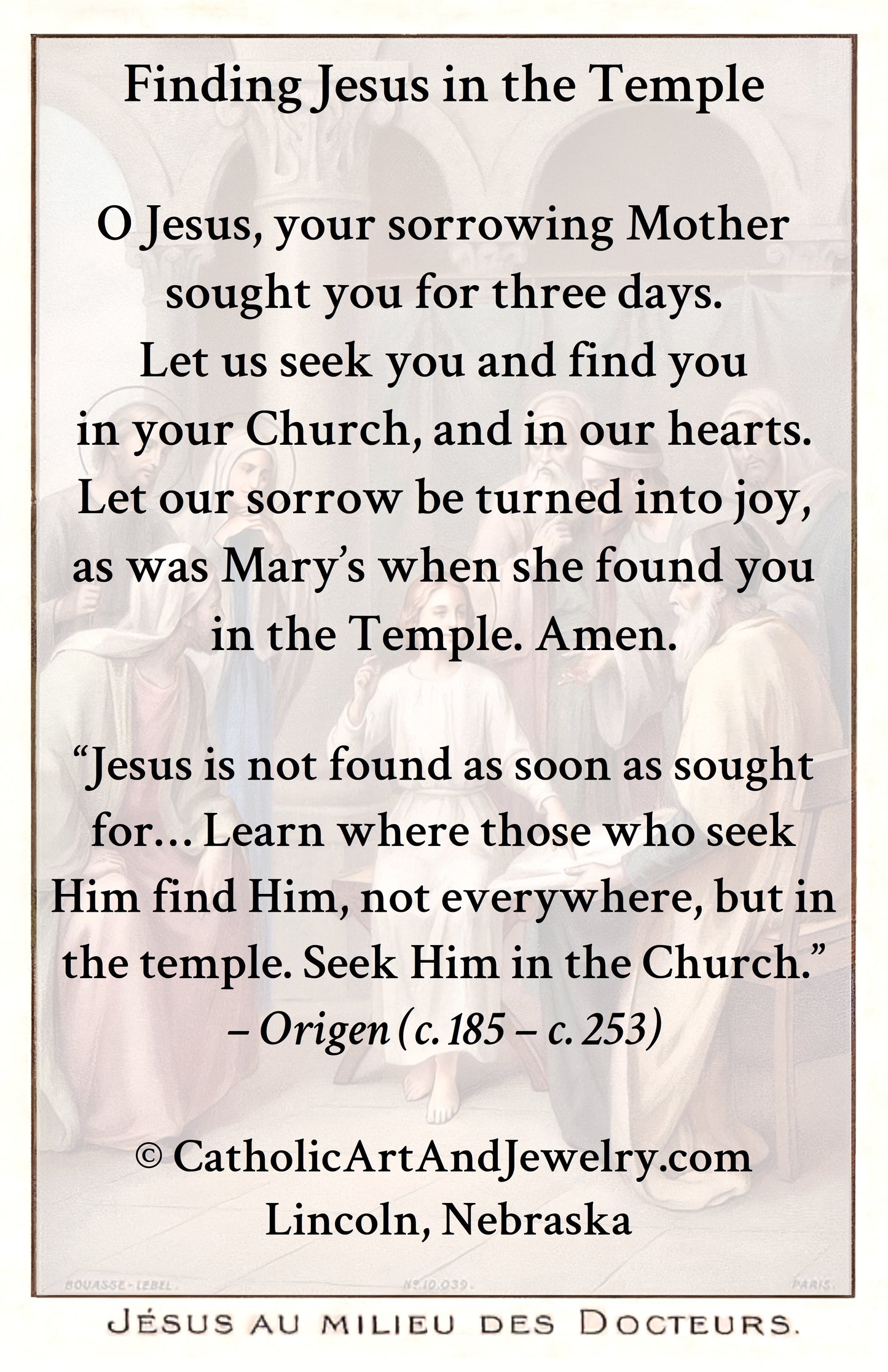 The image is a religious poster with a quote about finding Jesus in the temple.