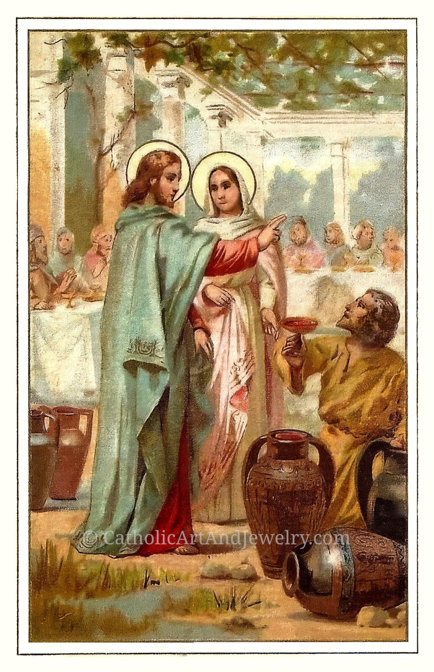 a religious scene with two figures, one wearing a green robe and the other a red robe, standing in front of a group of people. The figures appear to be engaged in a conversation or interaction with the people around them.