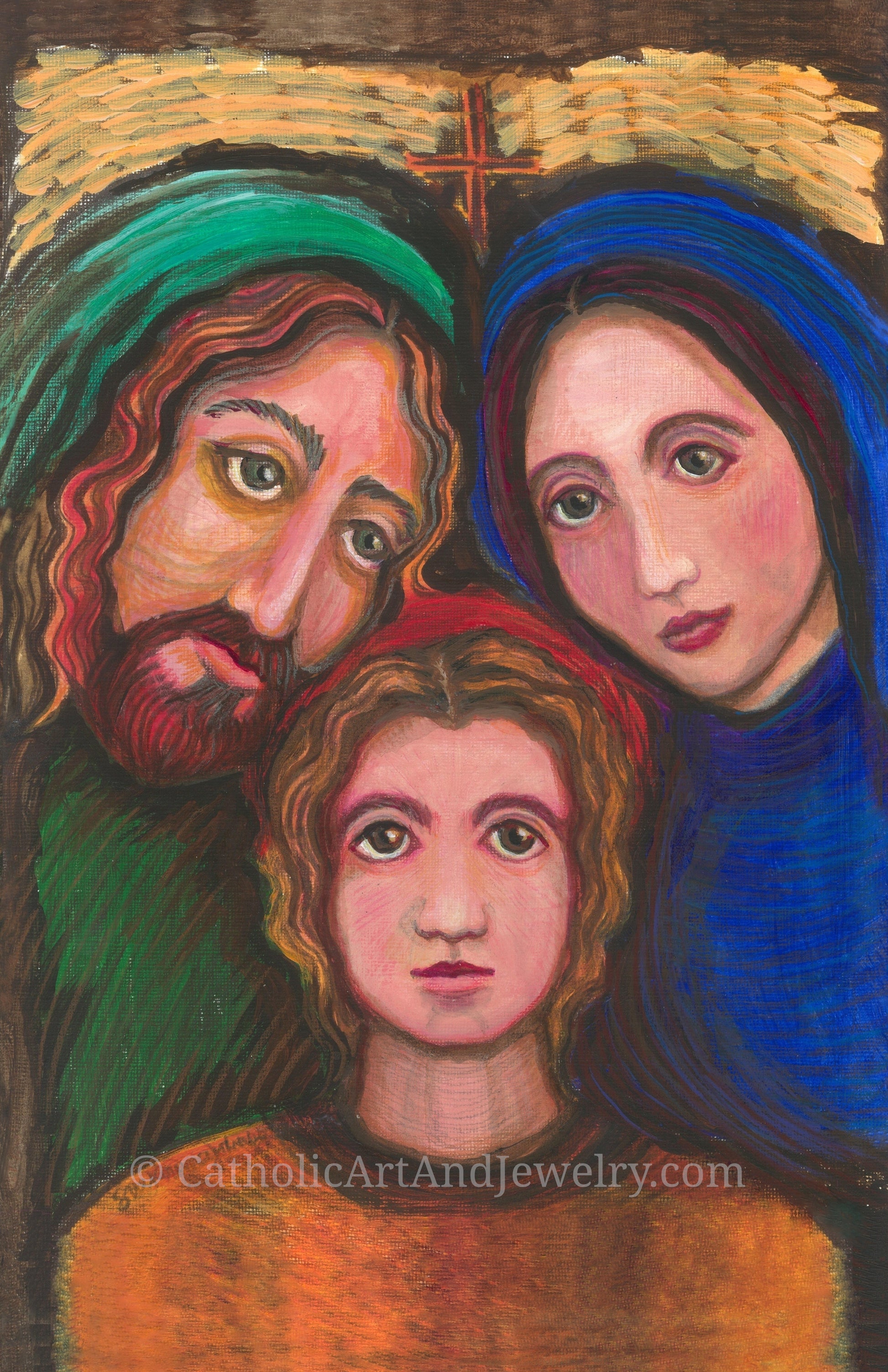The image is a vibrant painting depicting three figures: a man with a beard wearing a green turban, a woman with a blue headscarf, and a child with curly hair.