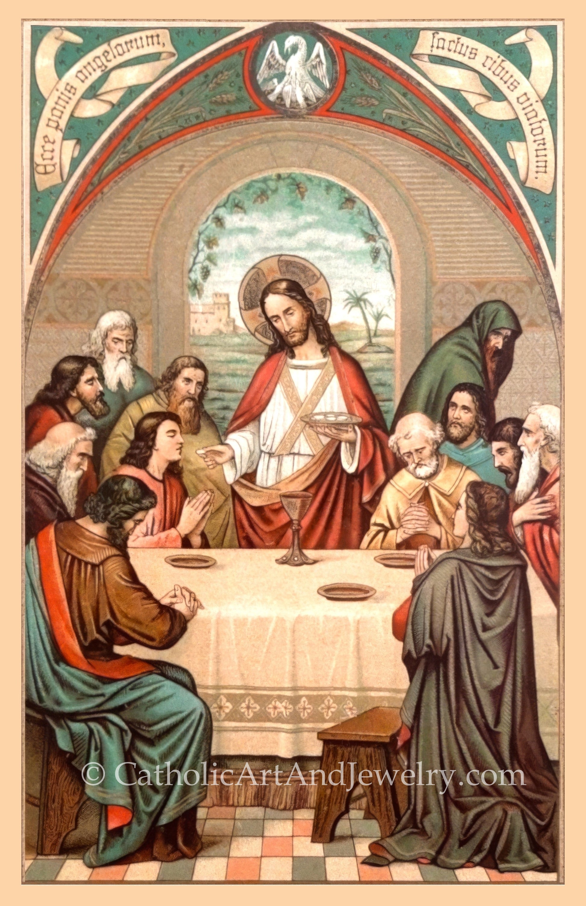 a religious scene with Jesus Christ surrounded by a group of people, some of whom are holding a wine glass. The people appear to be engaged in a meal or gathering, with a chalice visible on the table. The overall composition suggests a religious or spiritual theme, with the central figure of Jesus Christ being the focal point.