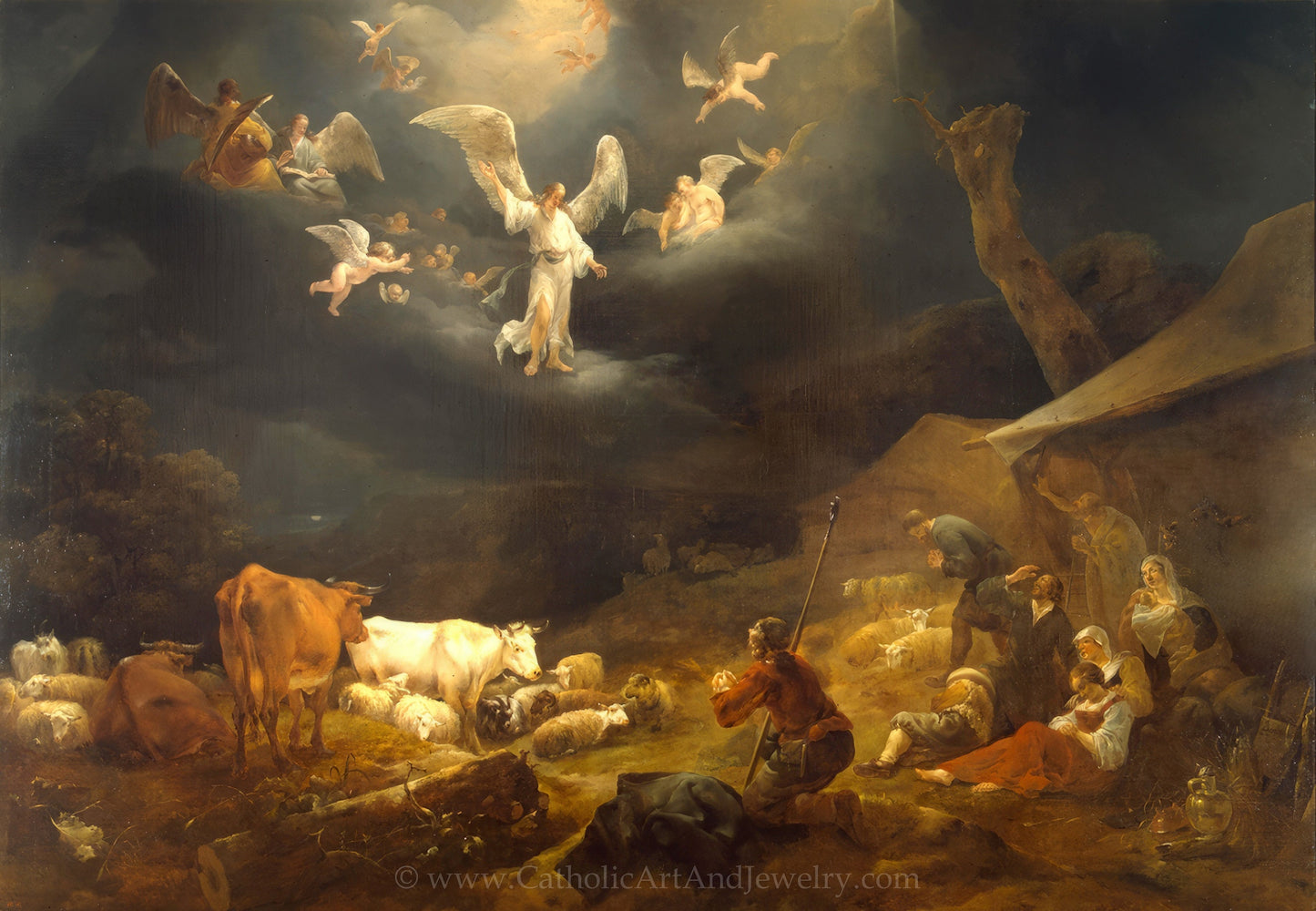 New! Angels Proclaim the Birth of Jesus – Christmas – Nicolaes Pieterszoon Berchem – Beautiful Catholic Artwork – Archival Quality