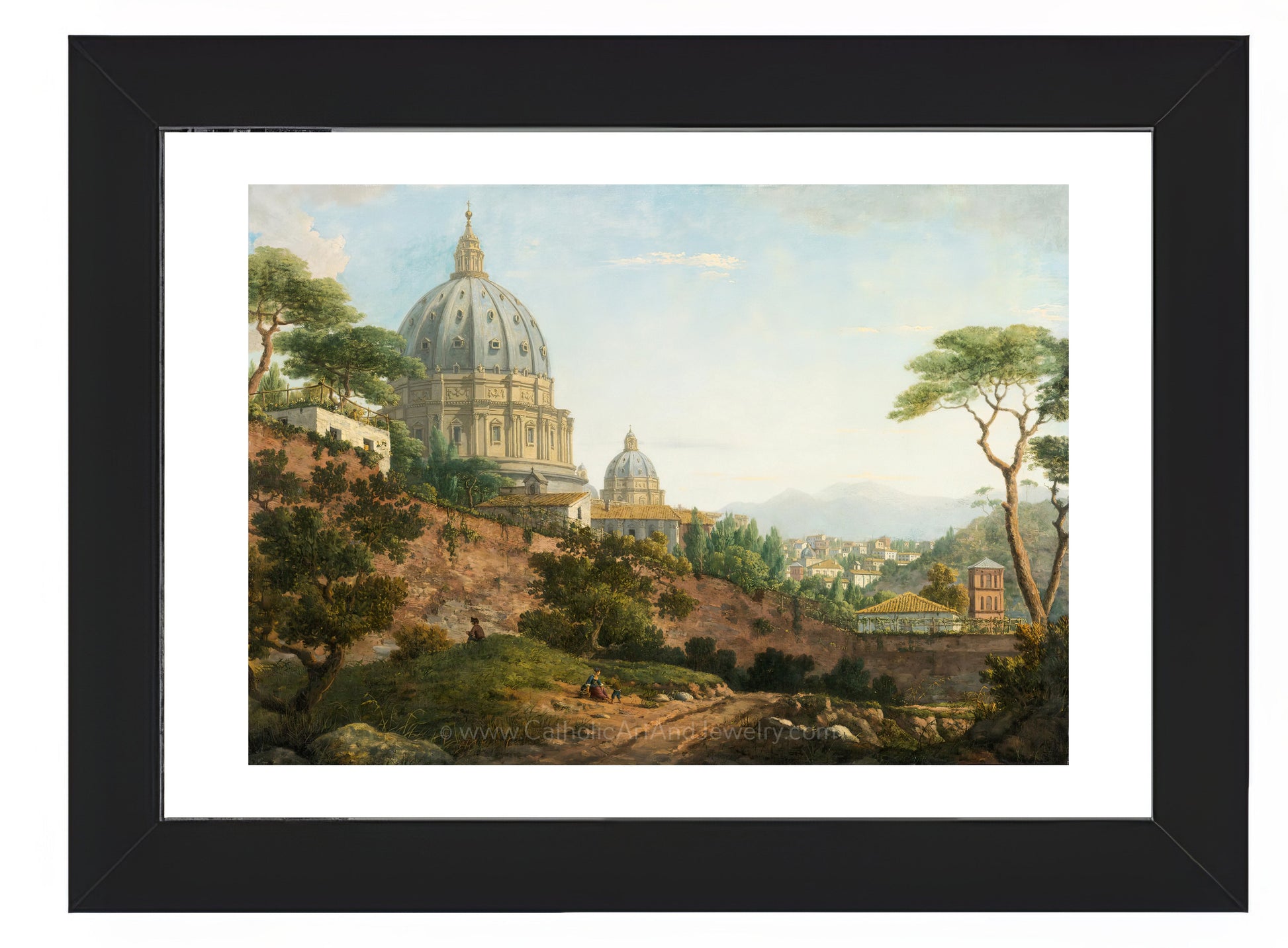 a painting of a church on a hill