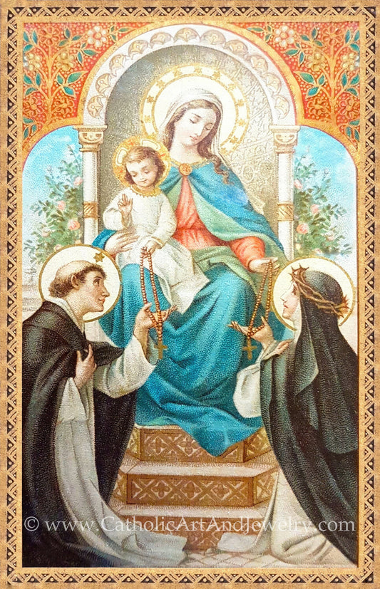 New! Mary Gives the Rosary – based on a Vintage French Holy Card – Catholic Art Print – Catholic Gift