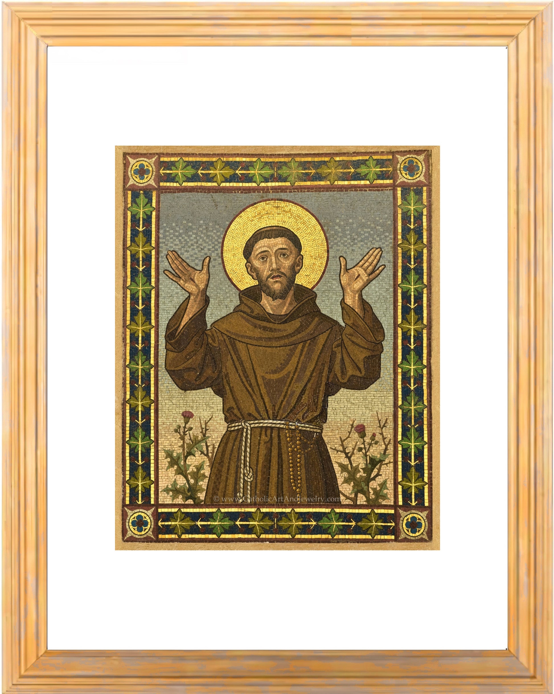 a painting of jesus holding his hands up