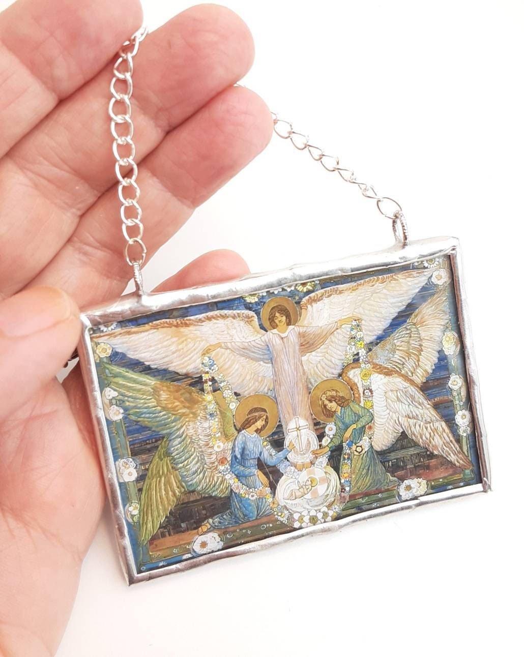Christmas Ornament Angels Garlanding the Infant Jesus - 2 - sided - Catholic Art and Jewelry