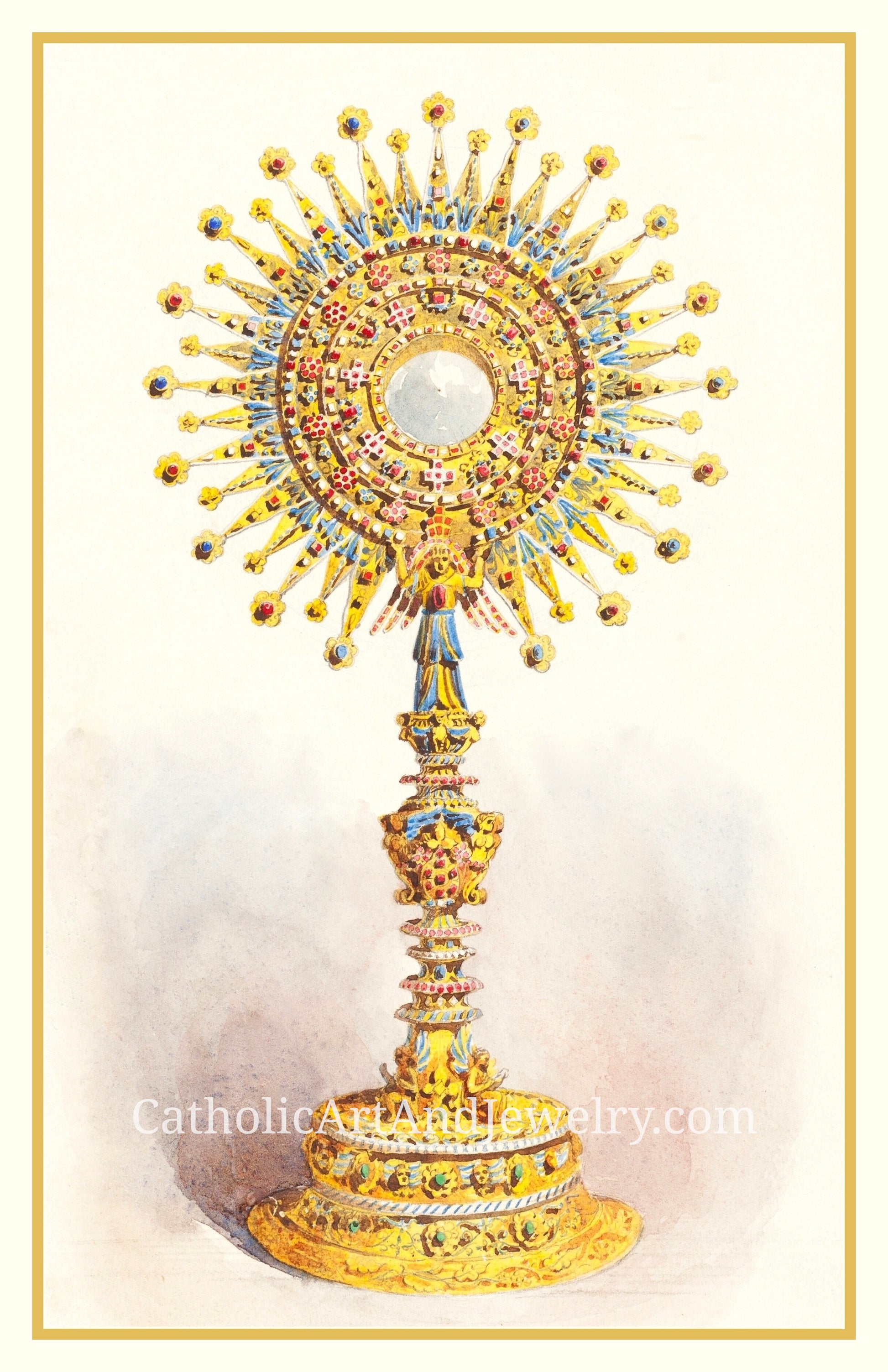 a golden religious object, possibly a chalice or candelabra, adorned with intricate designs and embellishments, including a large central gemstone surrounded by smaller gemstones and patterns.