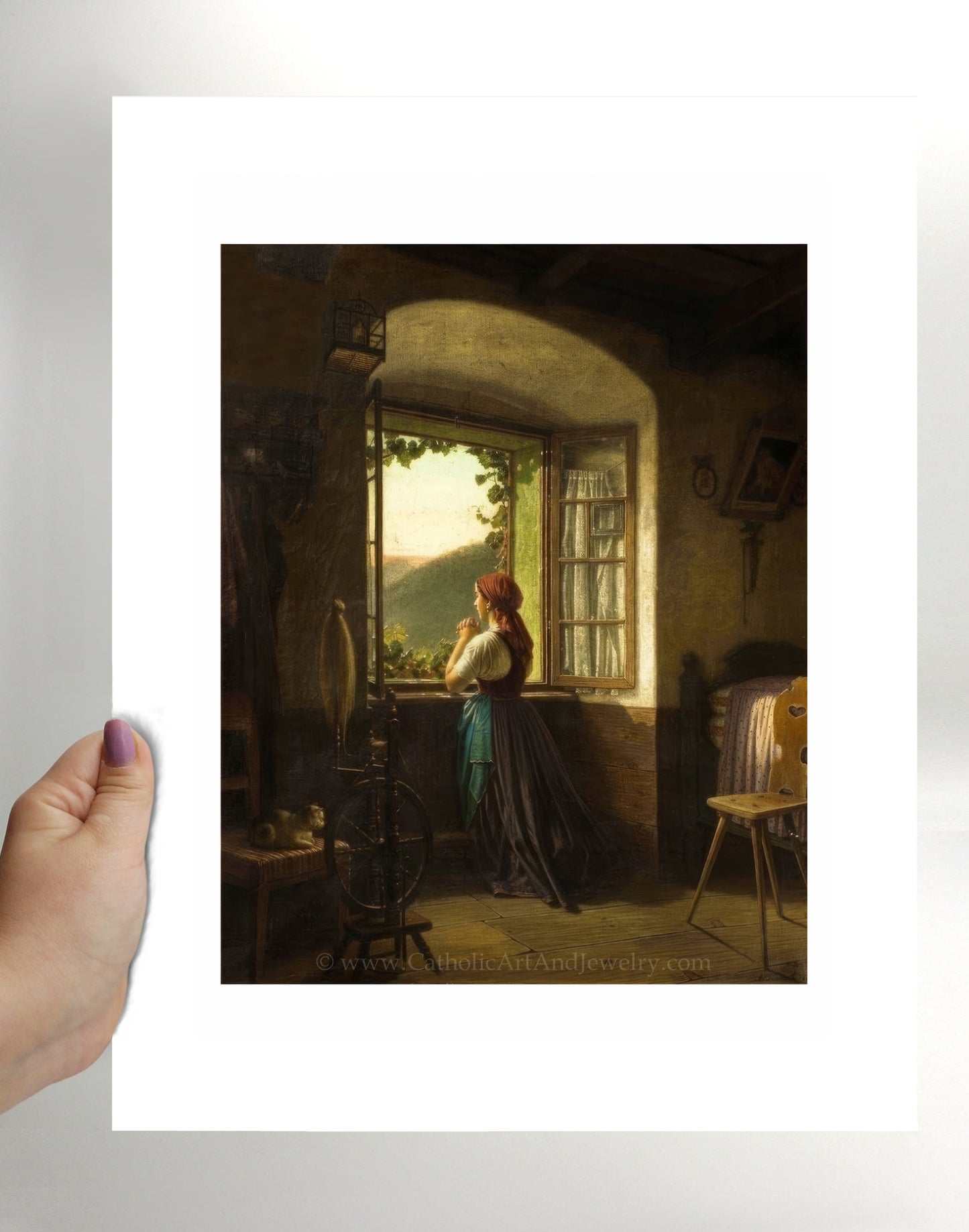 a painting of a woman looking out a window
