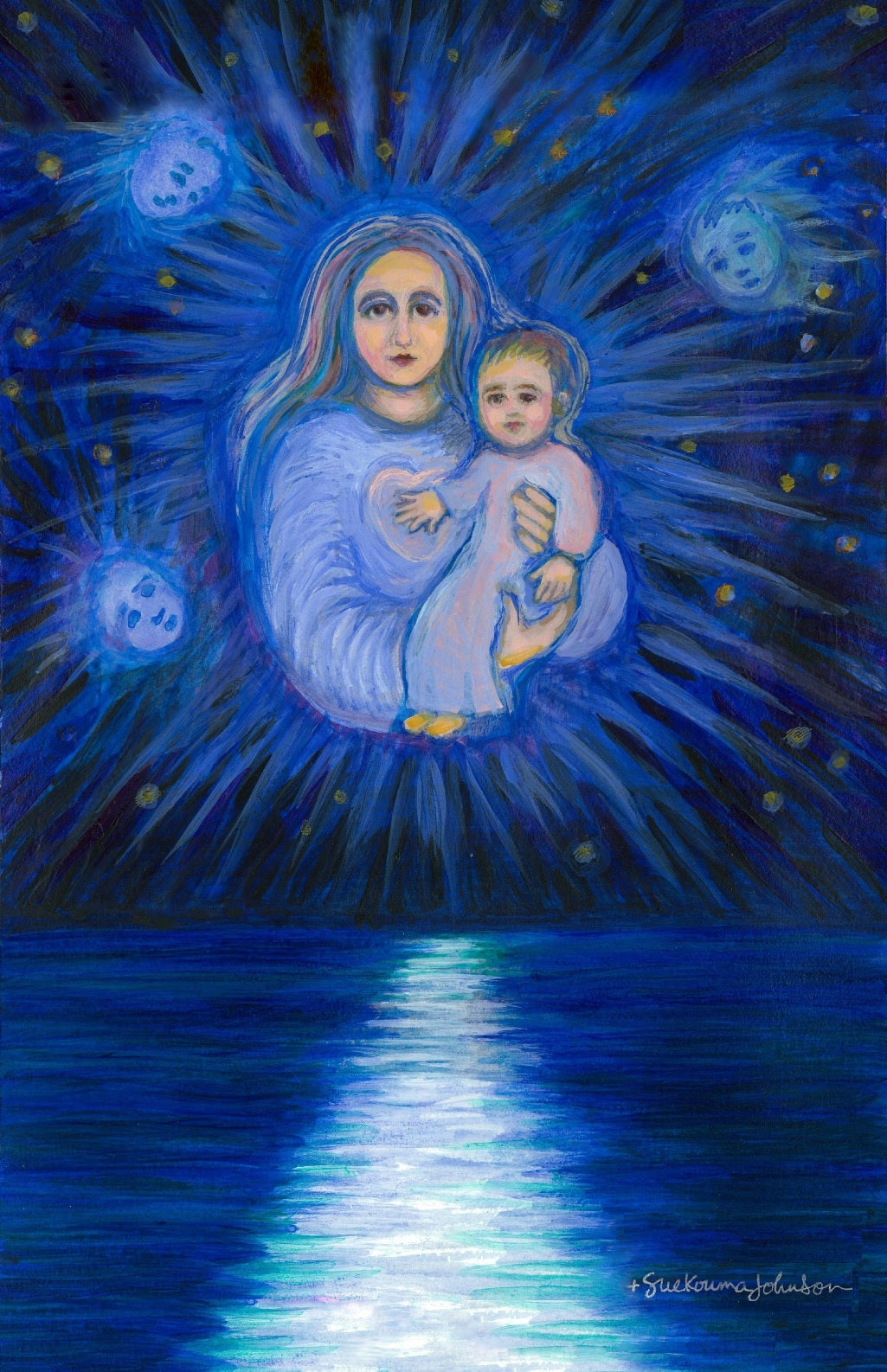 a woman holding a child, surrounded by a starry night sky and a body of water.