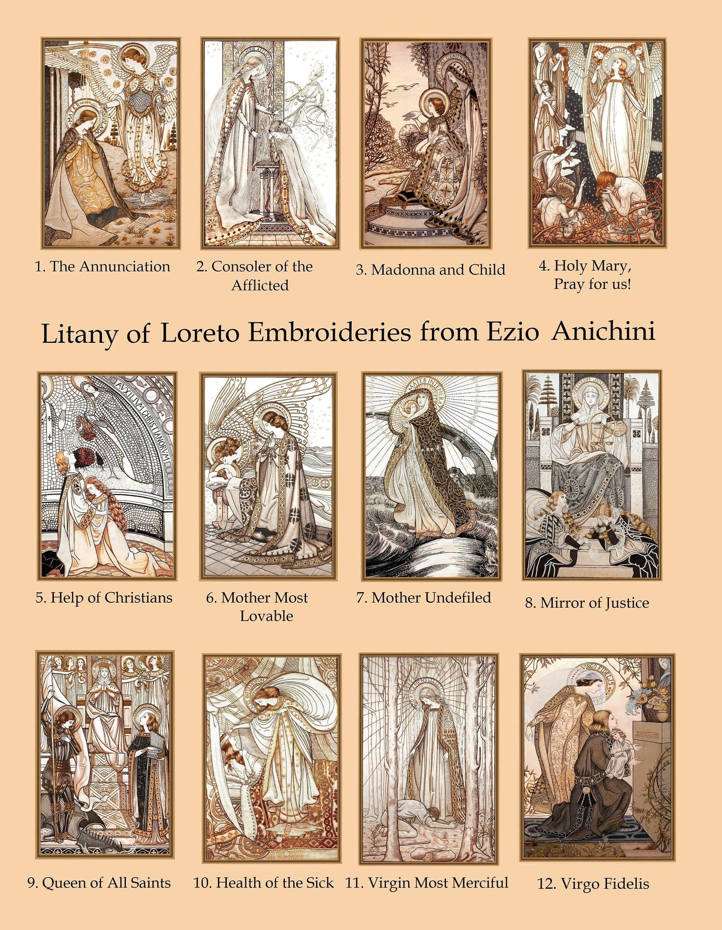 Loreto Embroideries – Lot of 8 or all 12 – Big Savings – Framed or Unframed – Vintage Catholic Art Prints – Archival Quality