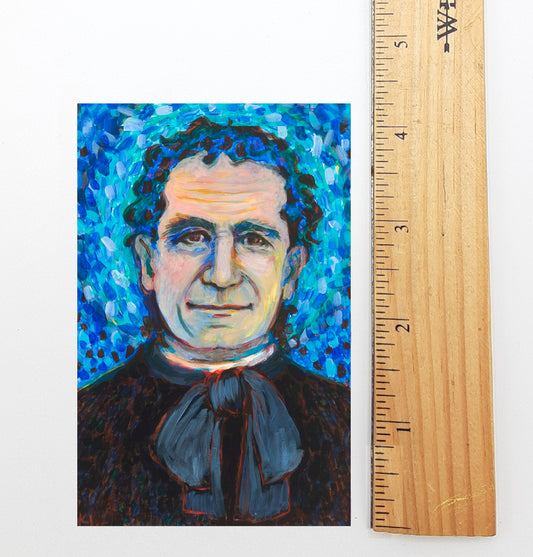 The image is a portrait of a man with blue hair and a black outfit, painted in a colorful and abstract style.