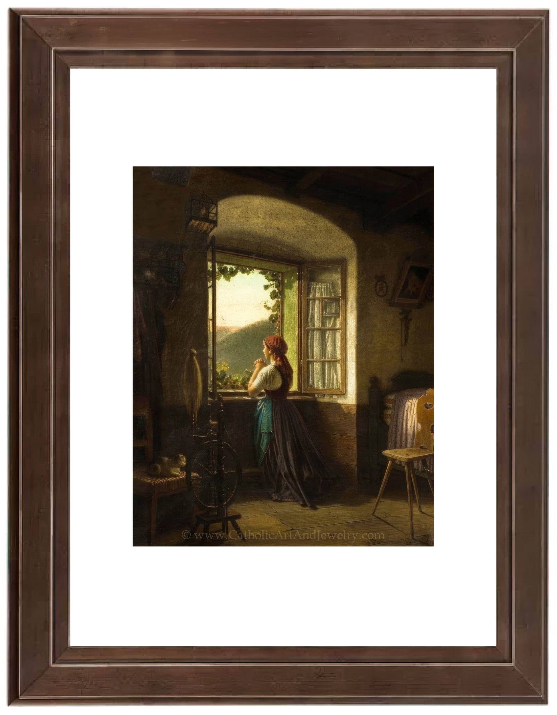 a painting of a woman looking out a window