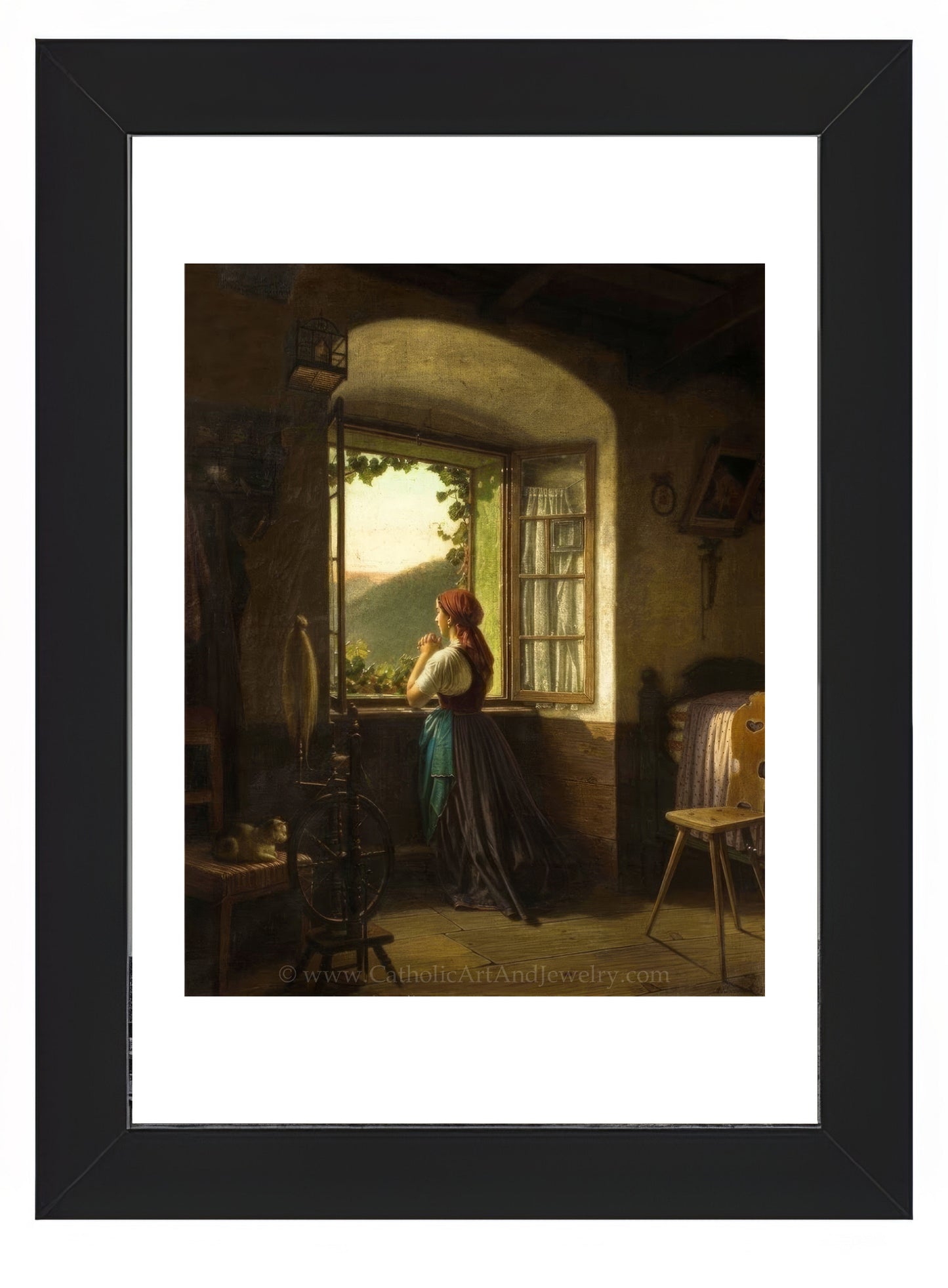a painting of a woman looking out a window