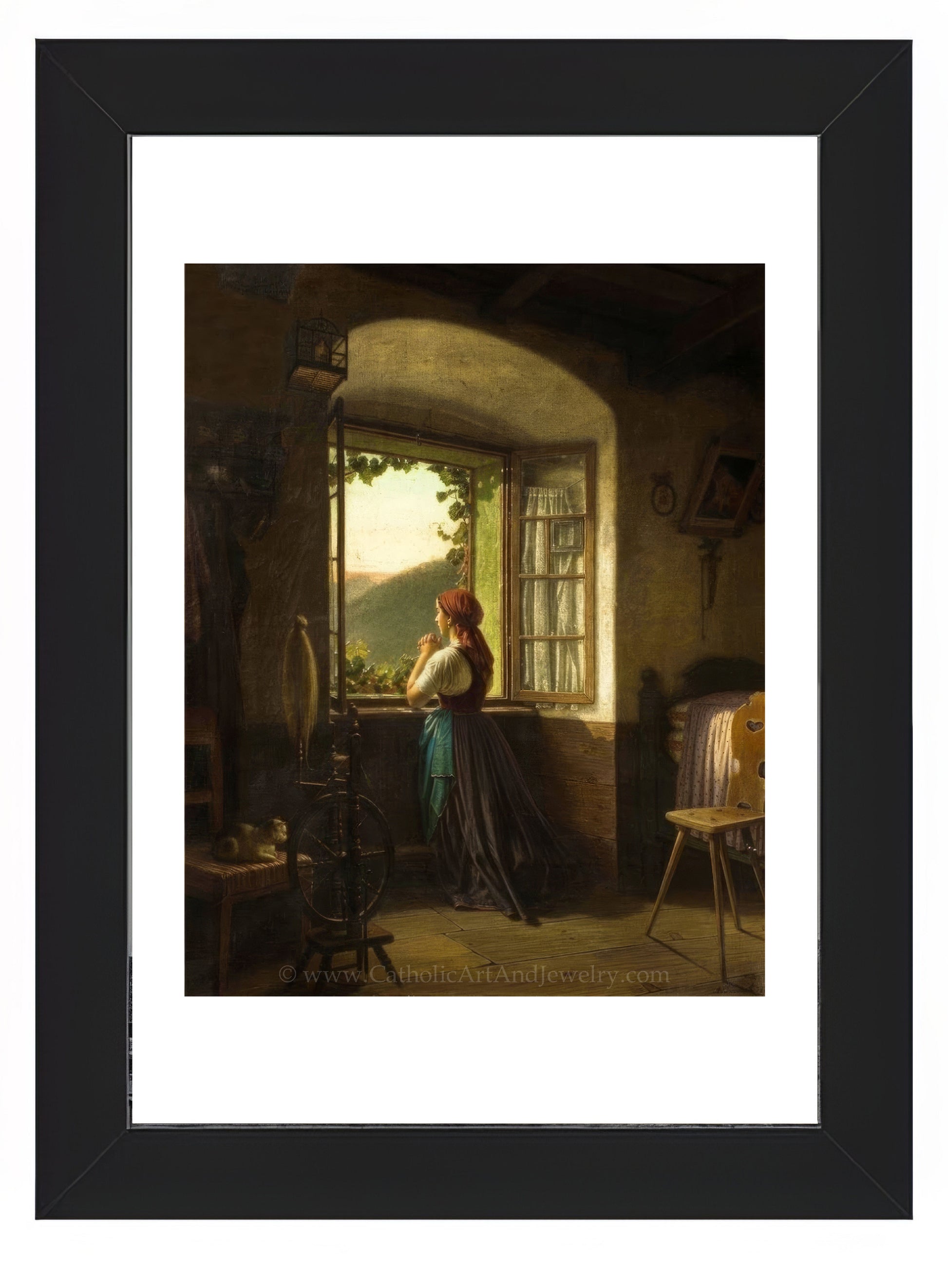 a painting of a woman looking out a window