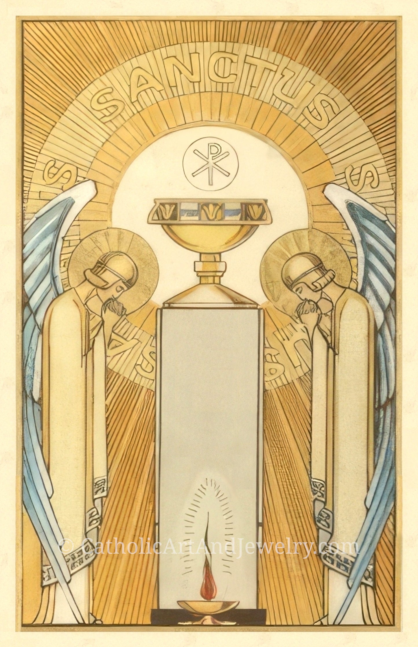 The image is a religious illustration featuring two angels with wings, standing in front of a golden chalice with a cross above it. The background is a warm yellow color with a radiant sunburst pattern.
