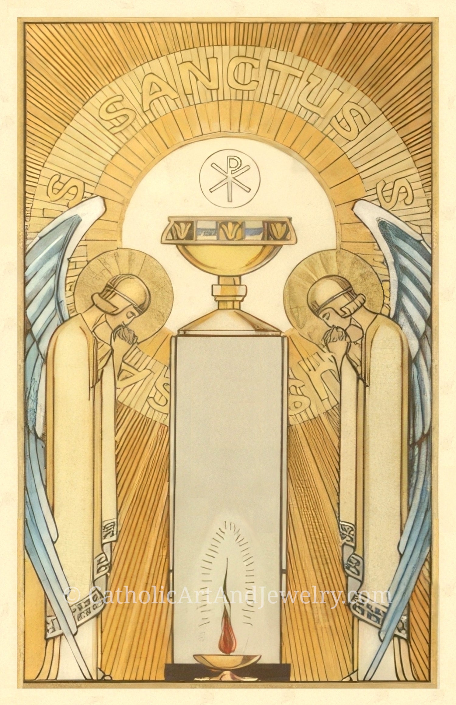 The image is a religious illustration featuring two angels with wings, standing in front of a golden chalice with a cross above it. The background is a warm yellow color with a radiant sunburst pattern.